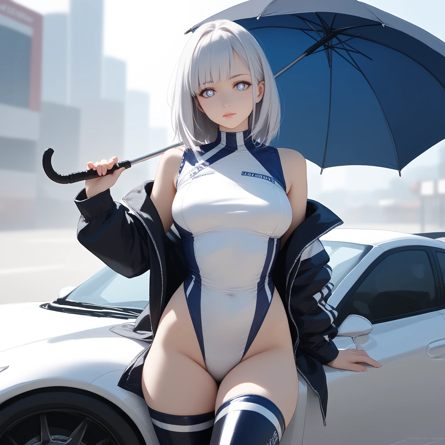 Highest quality、super high quality、16K, Breast size is random、Facial expressions are random、Location is random、 Hair color is silver hair、The pose is with an umbrella、The distance is random、Angle from below、Small face、Very delicate facial expressions、Delicate eye depiction、Highly detailed hair、Erotic、18-year-old female、Glowing Skin、Soft Skin、Lower Body、The only sexy Japanese woman、Race queen outfit random、