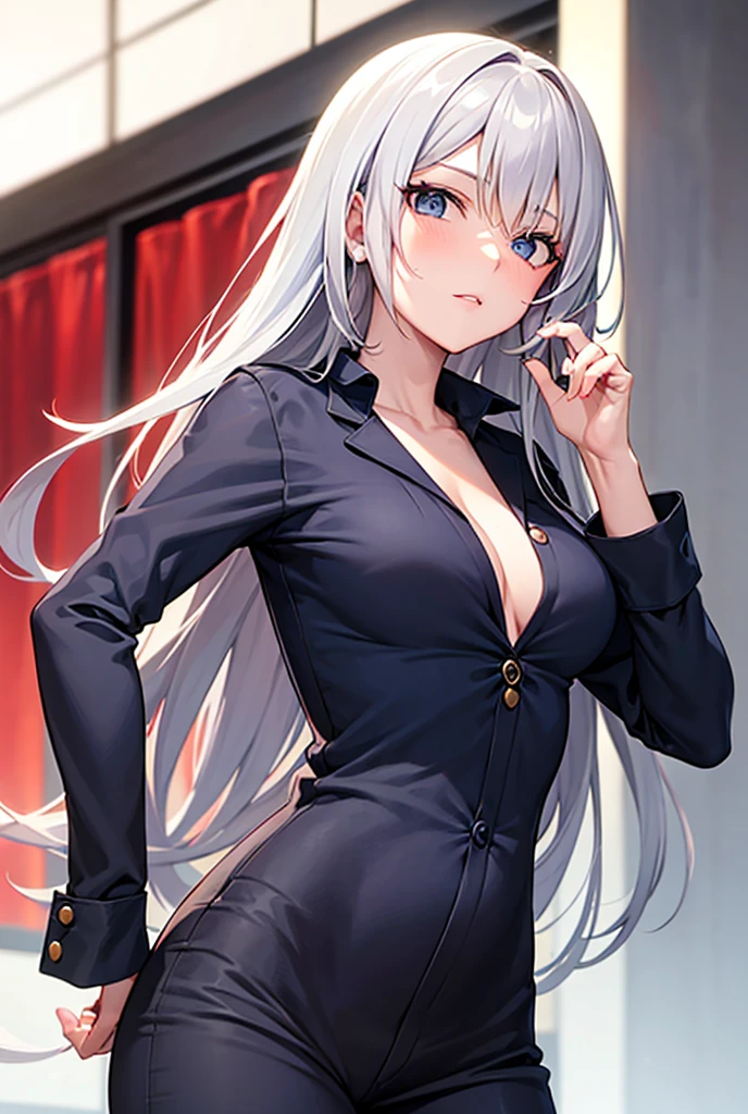 (Highest quality, High resolution, Very detailed), 1 female, Silver Hair, Long Hair, Reddish brown eyes, suits skirt, lace thong, Large Breasts, secretary, 24th generation, Beautiful woman, mature, thin, quiet, Calm, Large Breasts, A small smile, office,