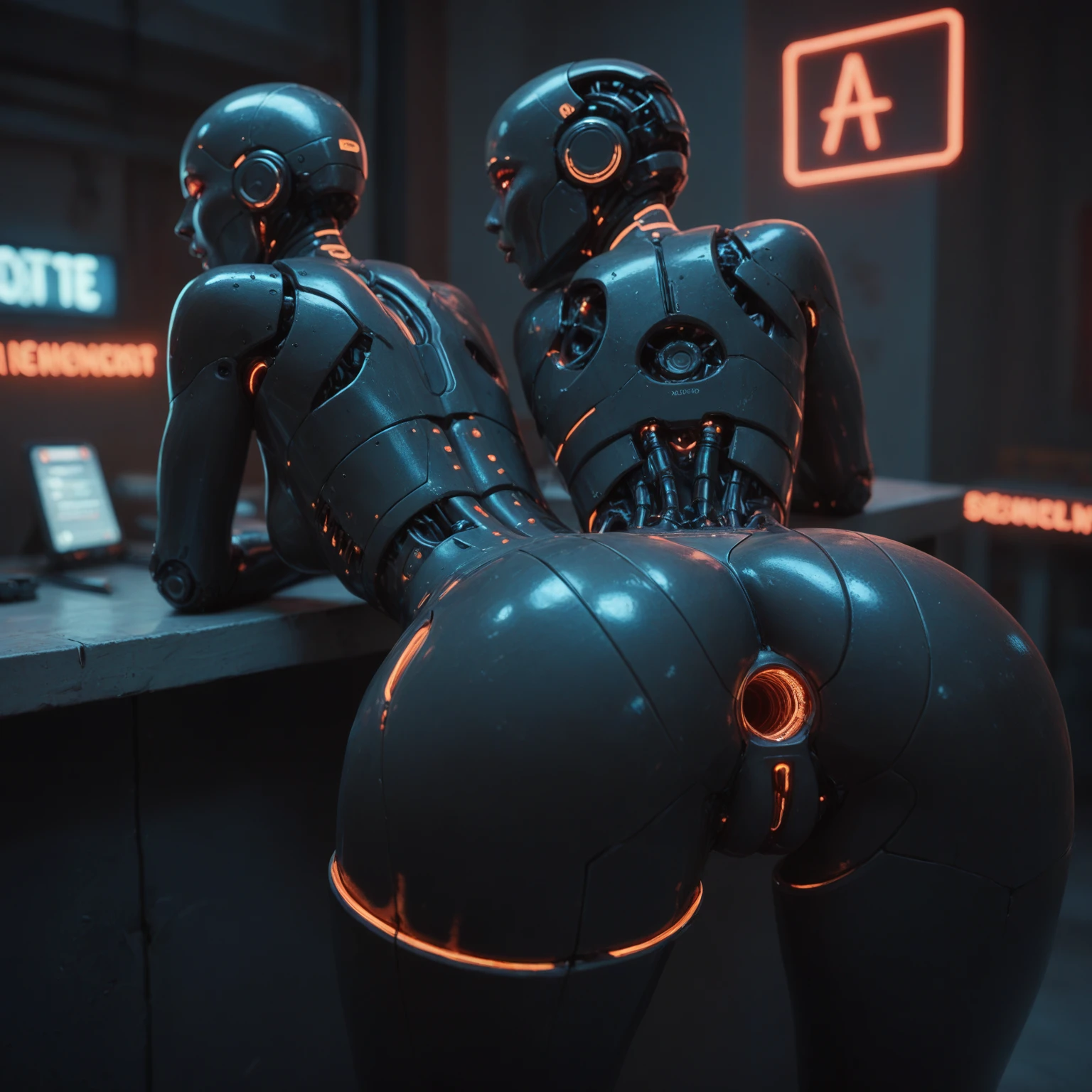Anime cyberpunk realism style, a 2 woman body in a lab,white long hair, robot one hand and one foot, the rest of the body is undressed, HD, dark background, she needs to look older