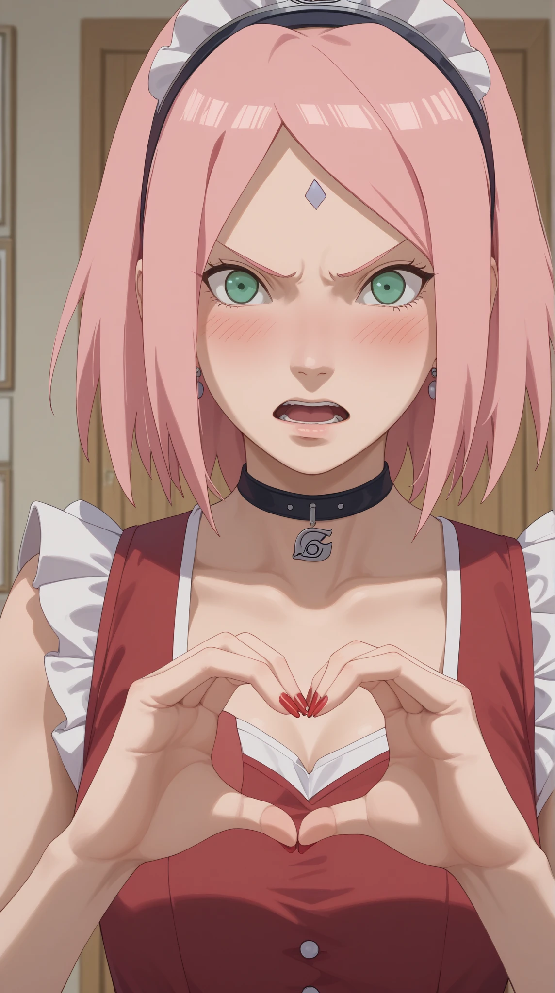 masterpiece, High resolution, Best Quality, Very detailed. face covered in cum. down on my knees. pink hair, green eyes. big neckline, big tits, wearing small red cotton top. wearing shorts. open mouth. Cum in mouth, in the tongue. Big cock in her face ending in her mouth.