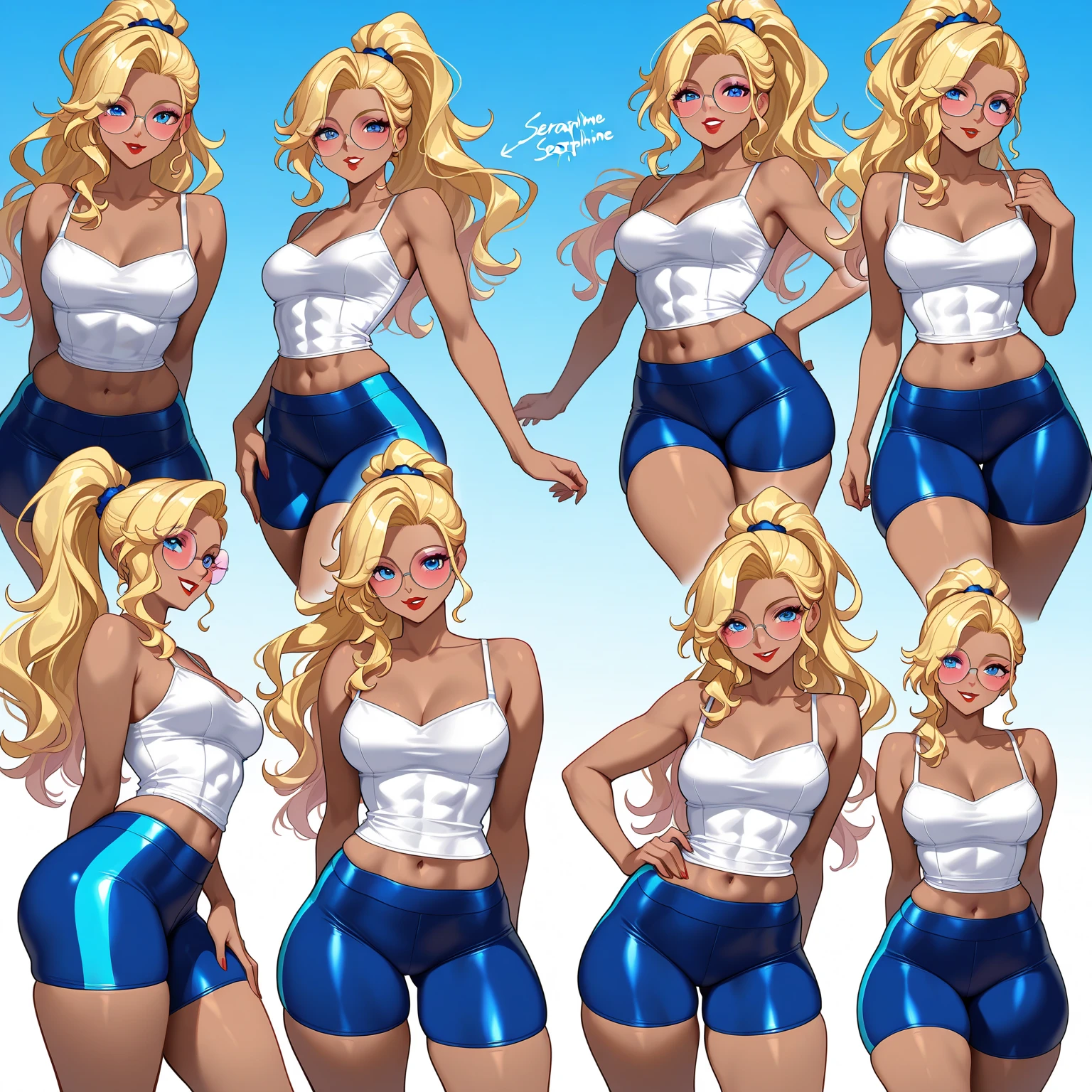 Full body image of Loud from The Loud House, full body in image, wearing her original outfit (light blue tank top, beige shorts, and light blue flip-flops), long blonde hair, female body, slender and athletic body, dynamic pose, detailed pose, simple background, expressive face showing a confident smile, focus on face, line art, sketch