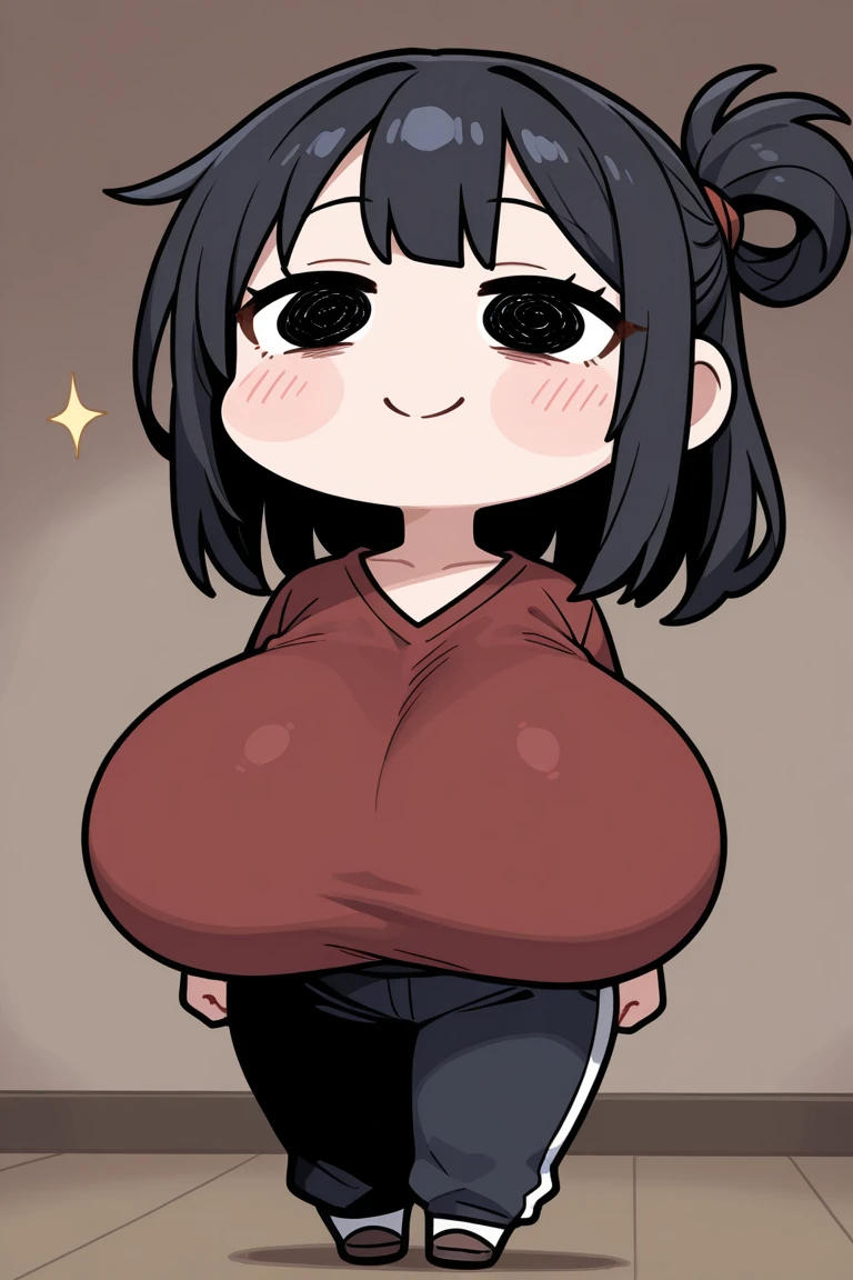 muscular girl huge breasts against wall black hair yellow eyes frown sad blushing tight red shirt muscular muscular