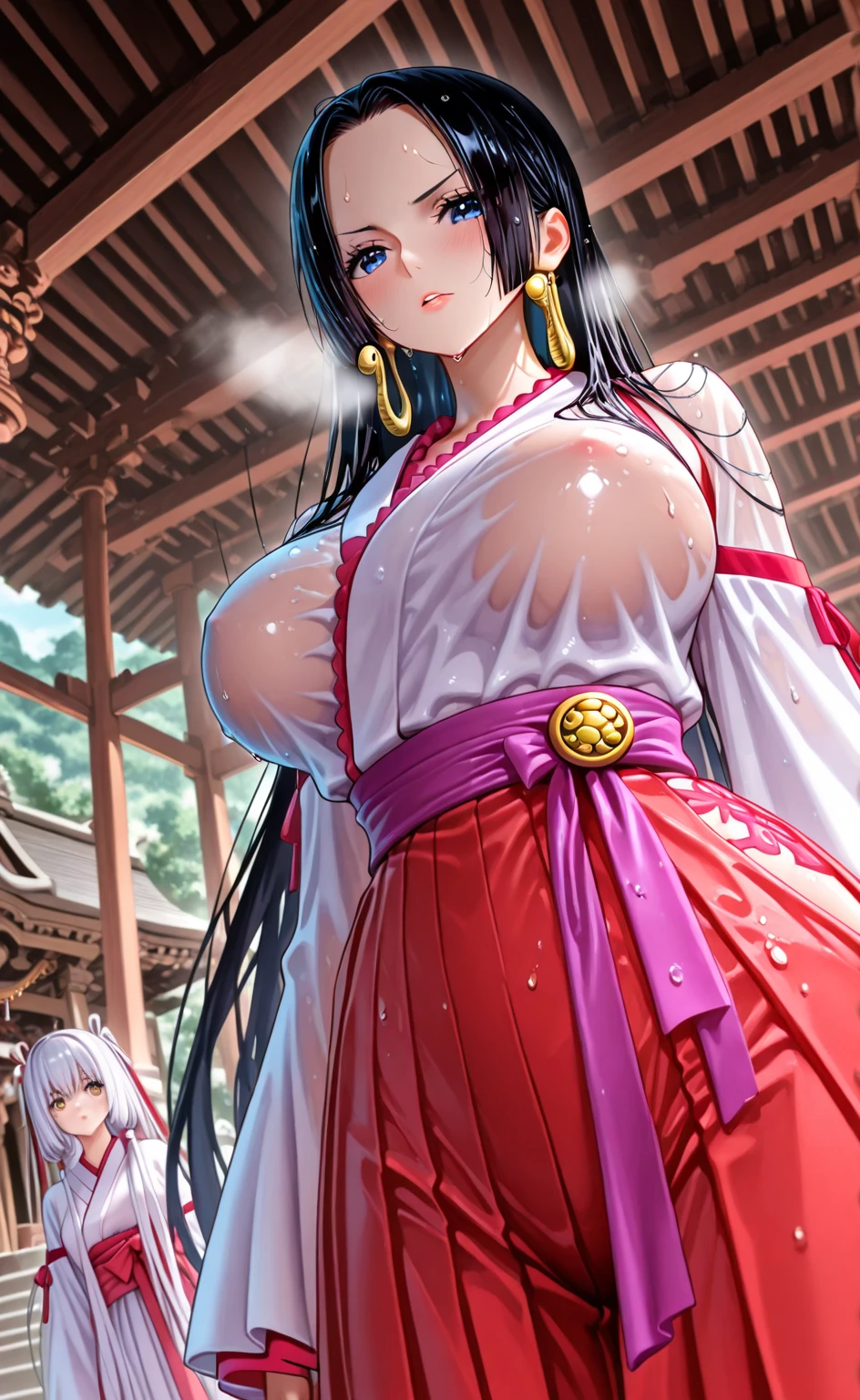 A beautiful 15-year-old pregnant princess from the Sengoku period with long black hair Gorgeous embroidery, Ultra glossy, She is wearing a shiny red long-sleeved floral layered kimono.... Red kimono jacket She is forced to embrace an old man in front of her lover. Intense foreplay Fluid spurting from her nipples The old man licks her breasts
