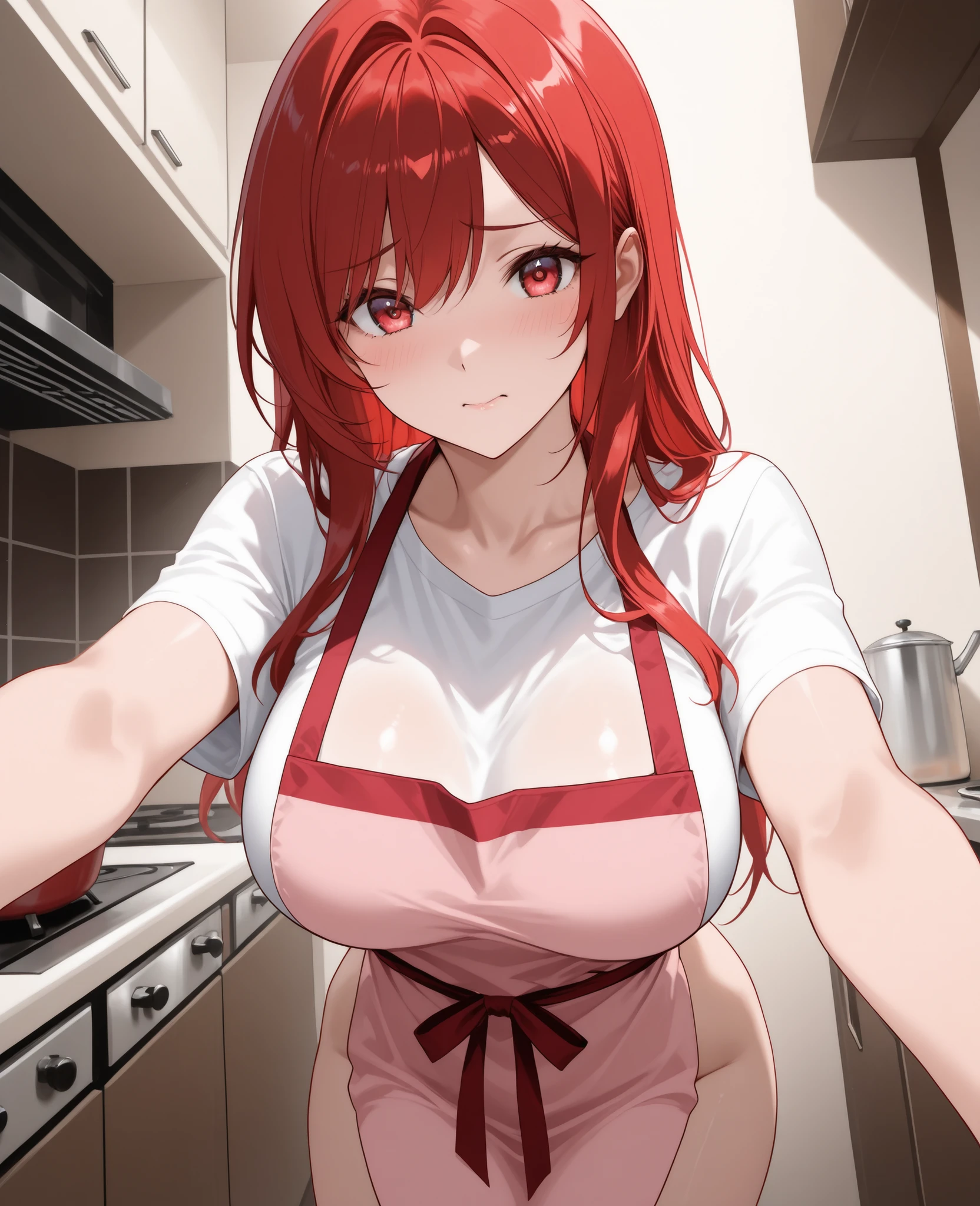 8K, RAW, Warm tones, warm lighting, warm color, long red hair, side view, wearing mens shirt and panties, she has medium size breasts and cleavage, cooking in a cozy kitchen, food is cooking in pots and pans and steaming, Dynamic Styles, smile standing at the stove