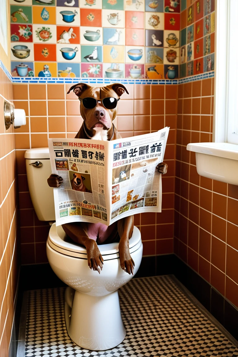 Brown pitbull、Put on sunglasses、Sitting on the toilet、I'm holding a newspaper with a humorous scene、in addition to a playful look、with tiled wall in the background、sitting on the toilet bowl is creating an indoor bathroom environment、Whimsical