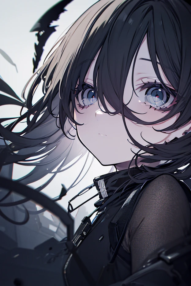 from below, face focus portrait, look down, best quality, super fine, 16k, 2.5D, delicate and dynamic, standing beautiful lady, cold stare of disgust, look of scorn and contempt, anger, unpleasant expression, dark atmosphere effect
