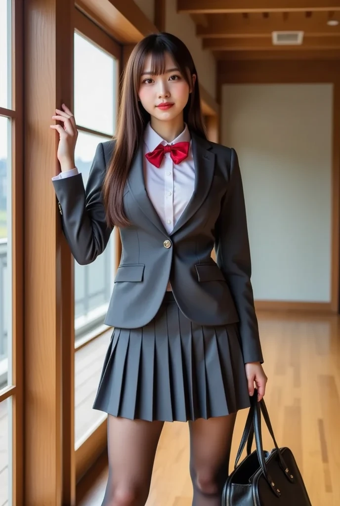 ((high quality)), ((table top)), (detailed face), (highlight), female、Big breasts、blunt bangs、black hair、plaid skirt、blazer、red black、Are standing、photo shoot、solid color background、