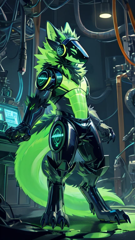 Protogen, (white fur with some green strands of fur) , city, happy, male, 8 foot 0, standing, looking at viewer, muscular, (big ass), front view, green glowing balls, cock, cum, macro