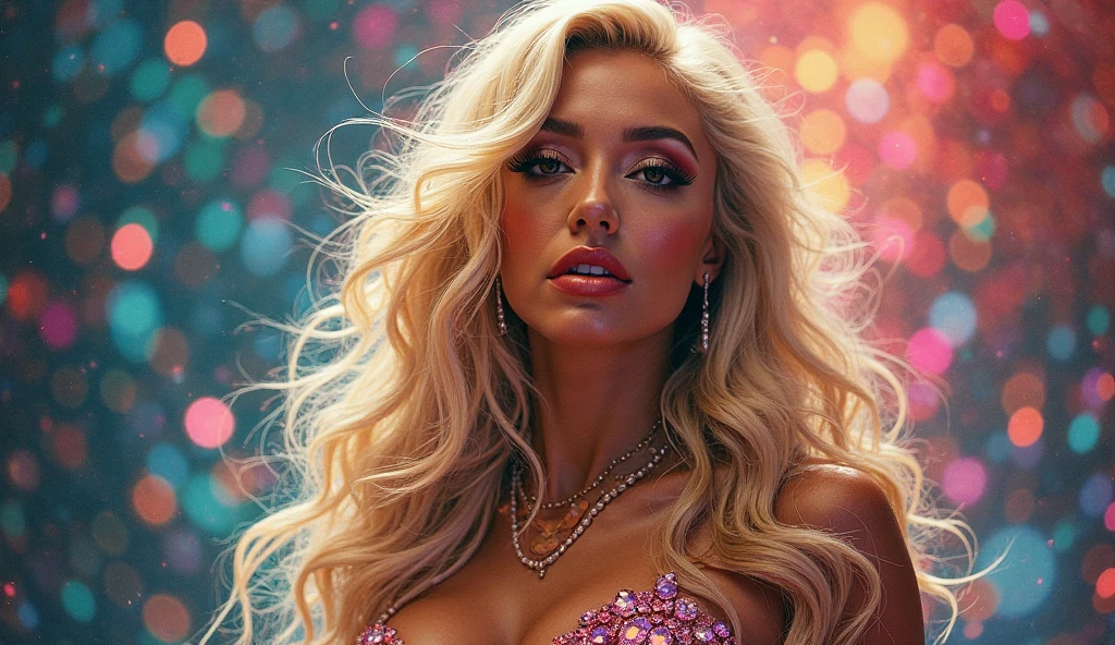 Lady GaGa vestido de colores brillantes y diamantes,plumas y diamantes ,extravagante,textura 4K, cabello largo y de colores, calidad alta, cuerpo completo,varias poses corporales,peinado extravagante, Original album cover, imagen 8k, futurista, alta calidad de imagen, en la noche, accesorios en el cabello, imagen 8k, rostro realista en alta calidad, cuerpo completo HD, diferentes poses corporales, alta calidad en el rostro, rasgos definidos,HD, rostro realista y definido 4k