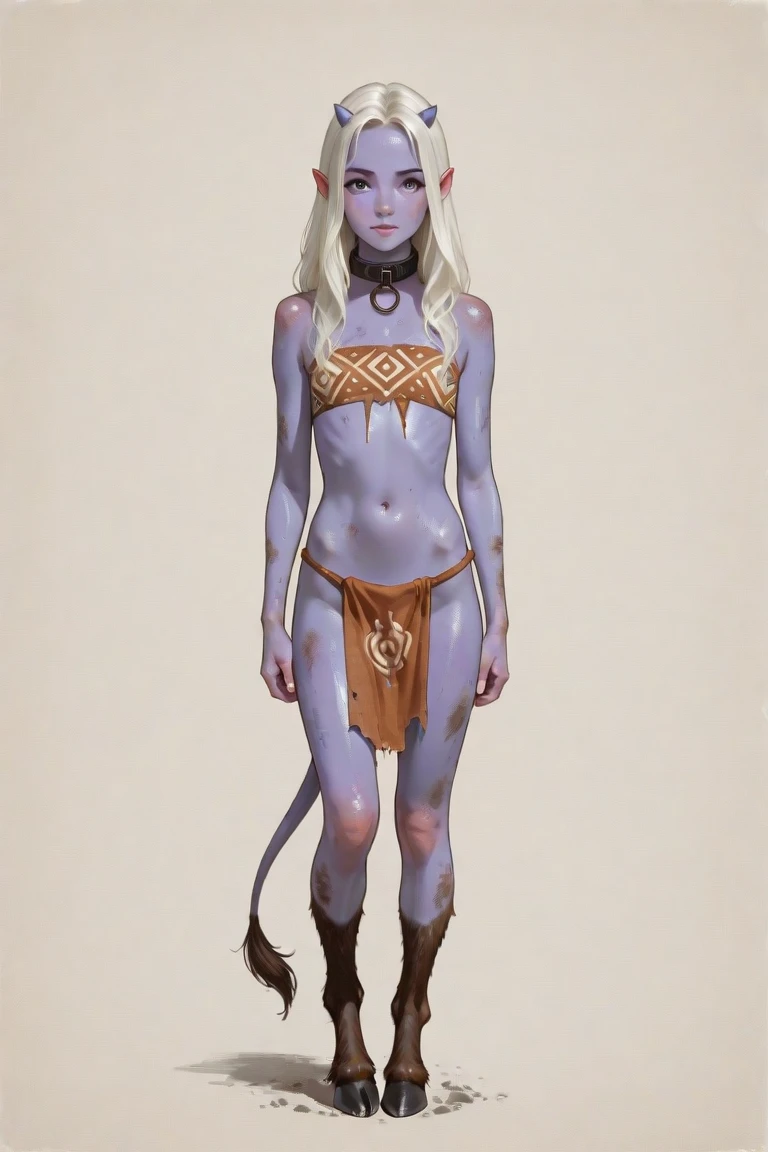 adult woman, anatomically perfect body, few desert tribal clothes, light gray skin, small white scales reptile arms legs and shoulders, bust on display, combined harmoniously with the body, crown of 4 curved dragon style horns behind, two larger sets and two smaller sets, long white hair tied and braided, orange eyes, small elf ears, mega realistic, desert landscape, he would be.