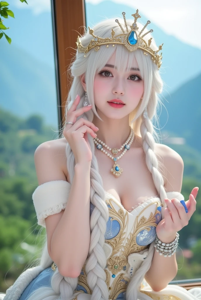 Girl, silver and gray uniform, topless, bare shoulder, gray hair, tiara, glove, chokes, gray long sleeves, ear wear, detailed hand, oval face, detailed face, parted smile lips, picture form top to knee, sexy pose, large breasts, look at camera, camera from top to bottom, detailed, photorealistic, best quality, dark cave background