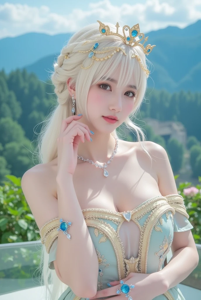 (intense chest expression),top-quality、masterpiece、超A high resolution、(Gold Dragon Armor)、(((Colossal tits)))、(((large floral ornament on the head))),(((Detailed Micro Bikini))),(Wearing a beautiful crown made of jewels),(Photorealsitic:1.4)、Raw photo、女の子1人、(((Random hair))、(((Take different poses)))、glowy skin、(((White Chinese Dragon)))、Intricate and ornate hair ornaments、(Looks like a gorgeous jewelry necklace)、(Full Body Angle)、(fight big dragonet bikini)、((beautiful lake background)),(beautiful forest background)、Precipitous cliffs、(Castle background)、((super realistic details))、portlate、globalillumination、(sexypose)、Shadow、octan render、8K、ultrasharp、Colossal tits、Raw skin exposed in the cleavage、metals、Details of complex ornaments、Japan details、highly intricate detail、Blue eyes、Eyes shining towards the camera、Toostock、(Full Body Angle)、(veils)、(((Heavy Big))),((she is wearing a beautiful jeweled bangle.)),Beautiful hip line、