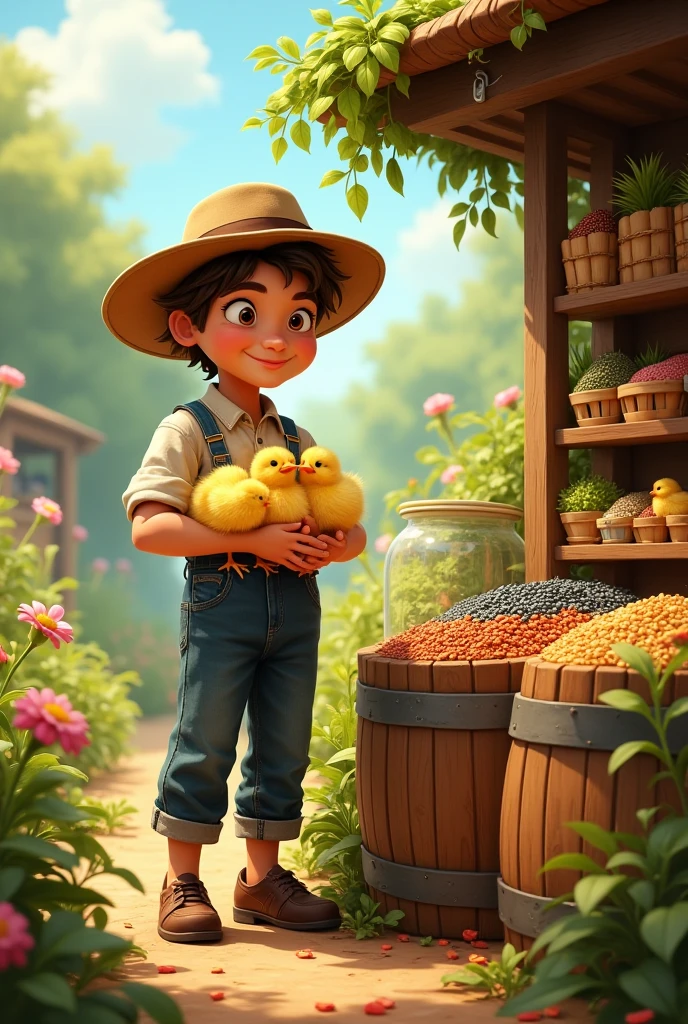 Boy holding a fruit basket in a field with trees in the background, menino bonito, colheita, imagem promocional, garoto feliz, garotinho, desconhecido, frutas em uma cesta, autumn season, estrada na floresta, Birds around the boy
