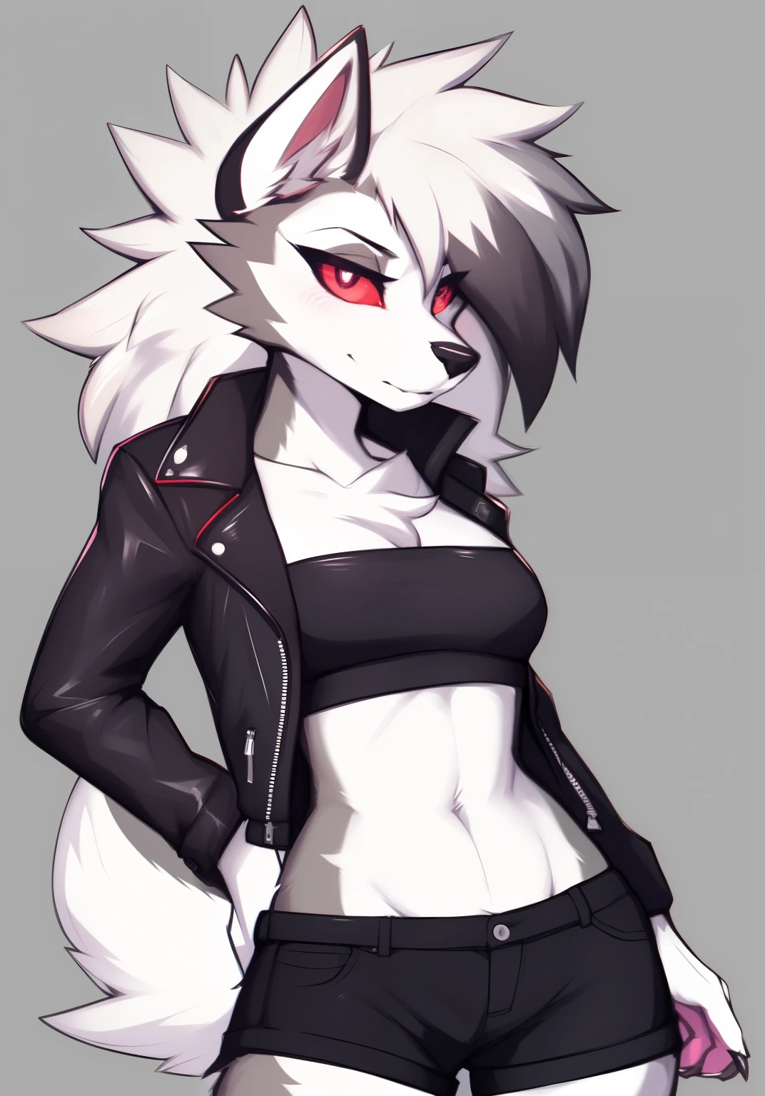 zackary911, by zackary911, anthro, lycanroc, ((hellhound)), ((dark grey fur)), female, solo, 1woman, ((small breasts)), ((denim shorts)), ((leather jacket)), ((tube top)), ((red sclera)), ((white eyes)), wolf tail, ((long hair)), ((white hair)), bedroom, sitting on bed, on e621, choker spiked collar, detailed body, finely detailed eyes, finely detailed paws, punk style, female focus, camel toe, ((nipple bump)), (leather belt), ((grey belly fur)), (hair detailed correctly), red sky
