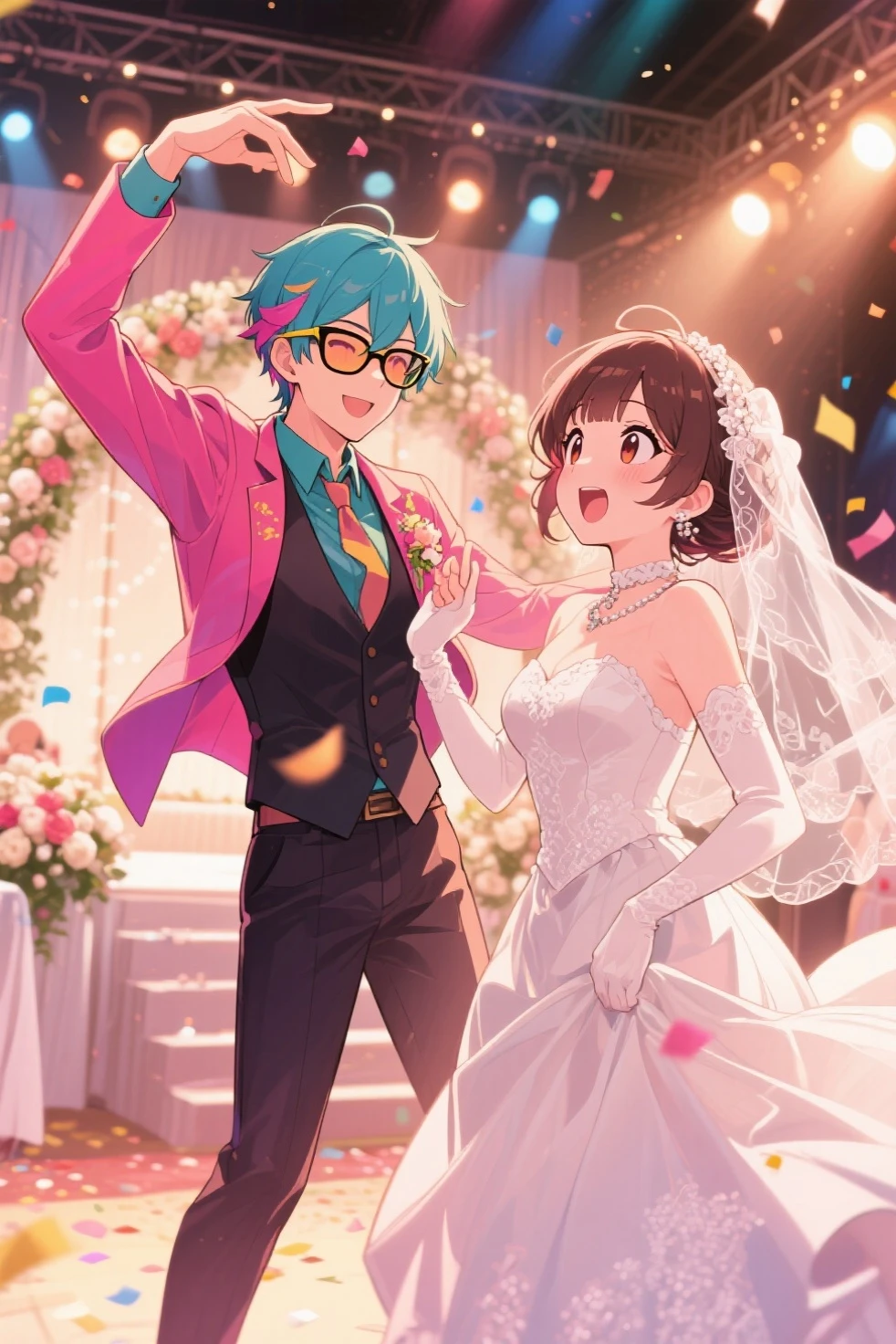 Wedding Scene， style of anime, The boy got down on his knees and proposed marriage, Epic, clown, full bloom, Cleavage is seductive, ice cream, majestueux, Ava Gardner, Faye Ray,, enthusiastic, joy, ultra - detailed, octan render, pit, Brighter, love, Laughter, Araki, Sorayama