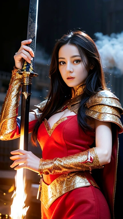 (One Knight Girl)、top-quality、masterpiece、超A high resolution、(Photorealsitic:1.4)、Raw photo、女の子1人、(Wear the Dark Knight's Armor)、glowy skin、(Random hair),(((Dark Fantasy)))、Fight with beautiful swords and shields、(((Mystical expression))),(((Have a gorgeous and long magic wand))),(Gorgeous gold metal body)、(Fight goblins、ogre、Fierce battle with orcs),(Fighting strong enemies)、Fight fiercely、(Background of decaying dungeon ruins)、(Ultimate Beauty)、(Detailed knight's helmet)、(Fighting Demonic Beasts)、(Wizard Hat)、((super realistic details))、portlate、(Strong giant demon beast background),globalillumination、Shadow、octan render、8K、ultrasharp、Colossal tits、Raw skin is exposed in cleavage、metals、Details of complex ornaments、Japan details、highly intricate detail、Realistic light、(Mystical expression),CGSoation Trends、Red Eyes、radiant eyes、Facing the camera)、Gundam、Small LED、Toostock、(Background of the mutation)、(Attack of the Monster Beasts)、Ultimate Beauty、beautiful female knight、Wear colorful armor、Detailed sword、(Wearing legendary armor)、