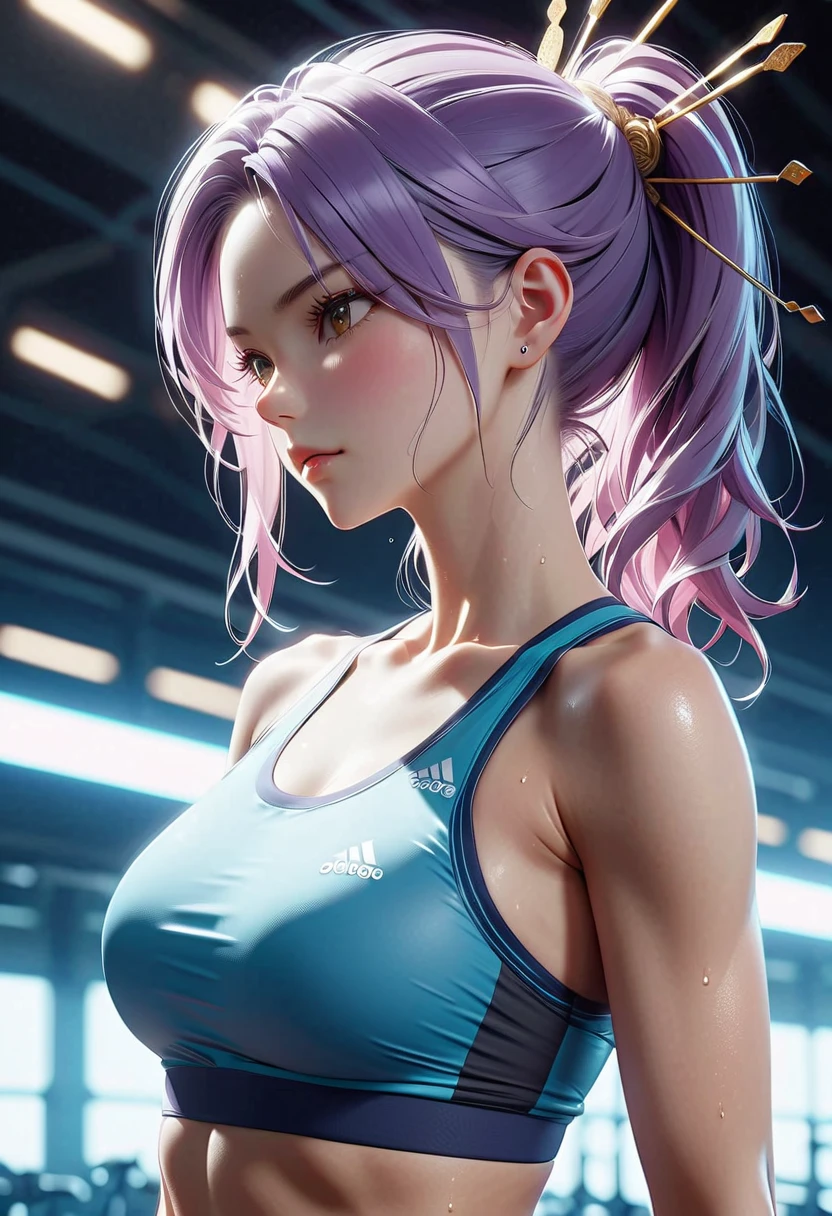 ((masterpiece, best quality)), realistic, 1girl, green eyes, long light purple hair in ponytail, small low cut white tank top, black headphones, cleavage, large breasts, close up, outdoors, sunny, slightly muscular arms