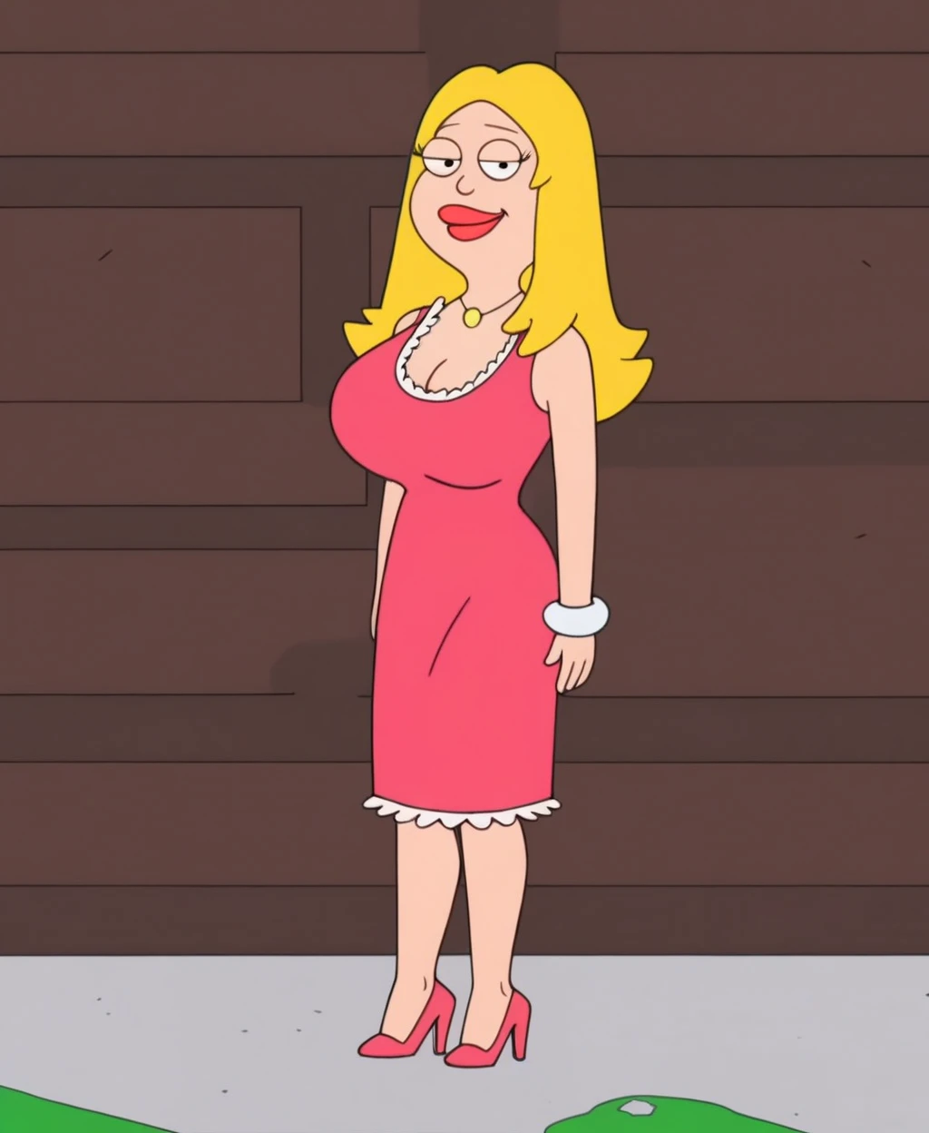 <lora:FraniceOmix:0.5> francine, 1girl, blonde hair, toon (style), long hair, breasts, solo, makeup, jewelry, necklace, flat color, lipstick , pink dress