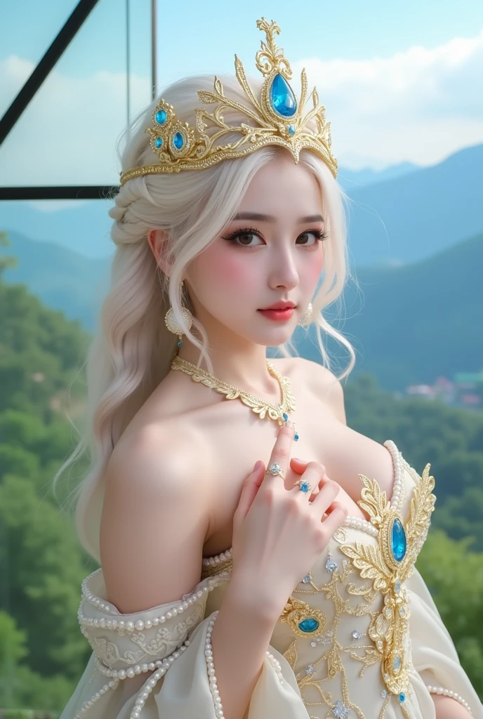 (masterpiece), best quality, expressive eyes, perfect face.Iranian queen in ancient times. big chest . Big Ron . The most beautiful woman in the world. white hair blue eyes Hair weave . Lying in the palace bathroom. Masterpiece . White skin .