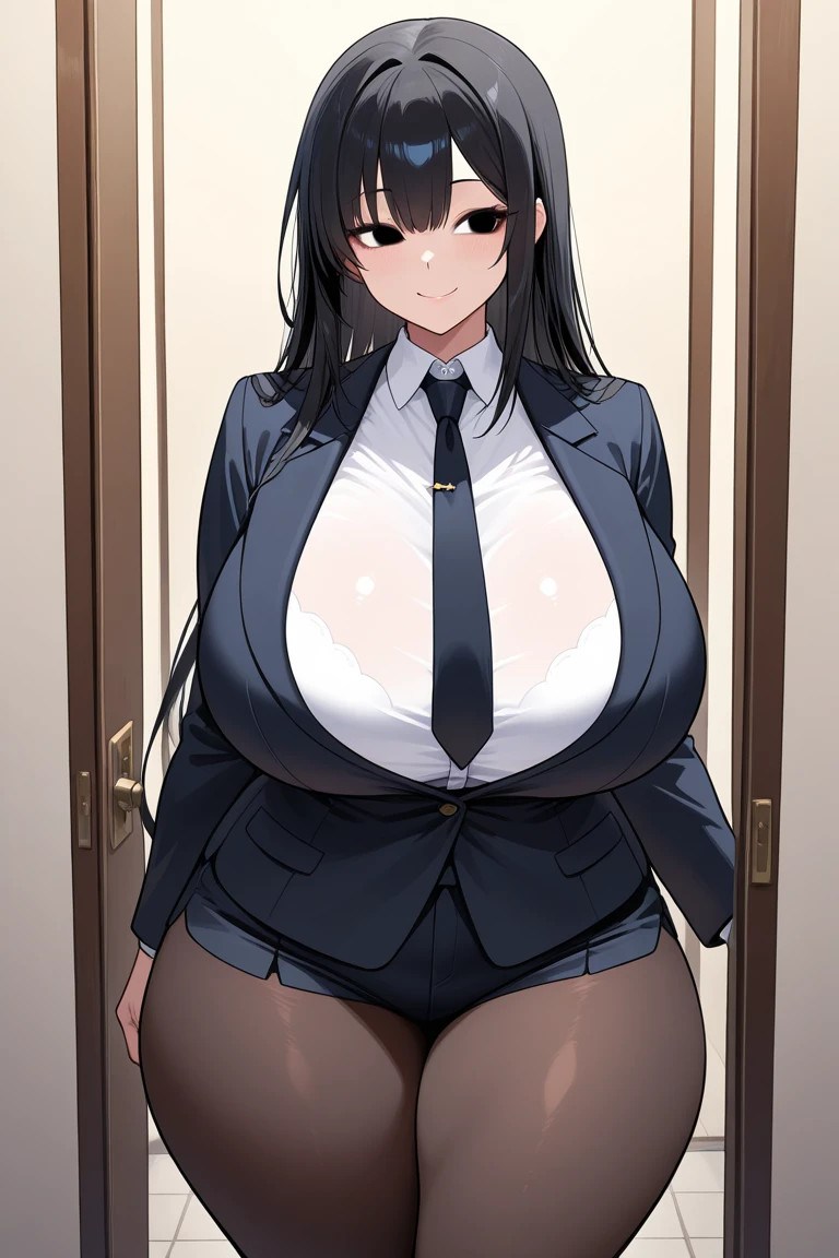 masterpiece, best quality, highest quality, perfect anatomy, highres, ultra-detailed, 8k wallpaper, texture, detail, unique, HDR, extremely detailed CG, Azuma Hisato, 1 girl, Solo, full body, standing, ponytail, brown_hair, Bangs, brown_eyes, 20yo, mature female, looking at viewer, smile, lewd face, (Beautiful,large_Breasts:1.4), (beautiful_face:1.5),(narrow_waist), office outfit, office uniform