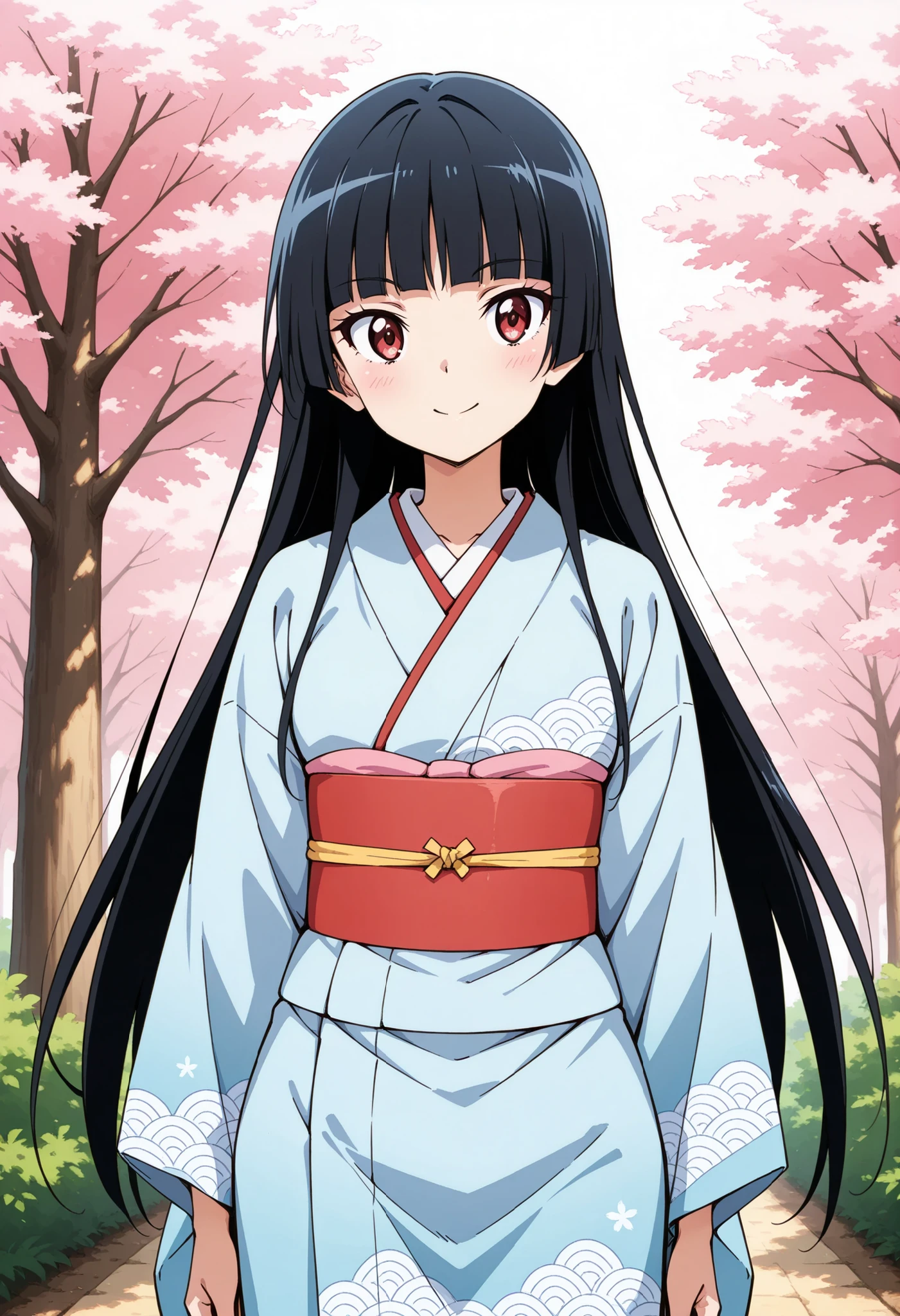 Highest Quality, details, high resolution, 8k, 超high resolution, shot from the front、(anime illustration style:1.2),Standing、1 girl on break day, solo、Rory Mercury、(perfect eye side by side),long hair, black hair, Red Eyes, bungs, blunt bungs, princess cut, Slim waist, wide hips, light blue kimono (Japanese kimono:1.2), (Furusose Cherry Blossom Patterns)、smile, cowboy short、