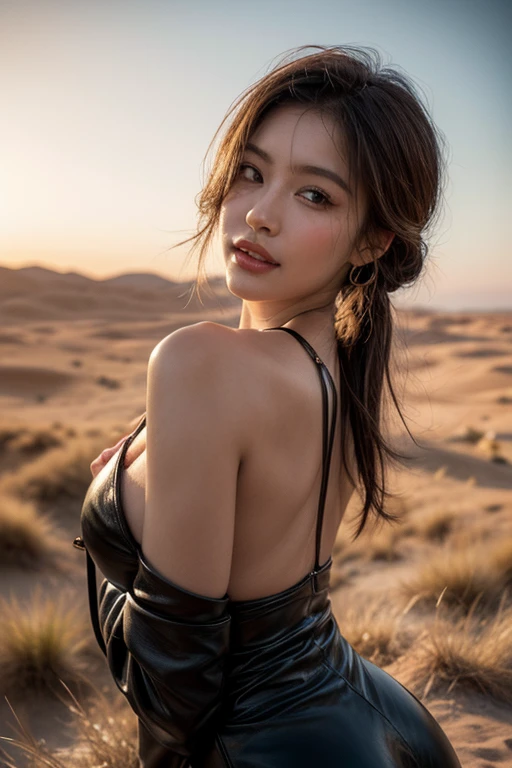 ((best quality)), ((masterpiece)), (detailed), perfect face, young girl, mad max worlds, arid desert, large breast, holding riffle