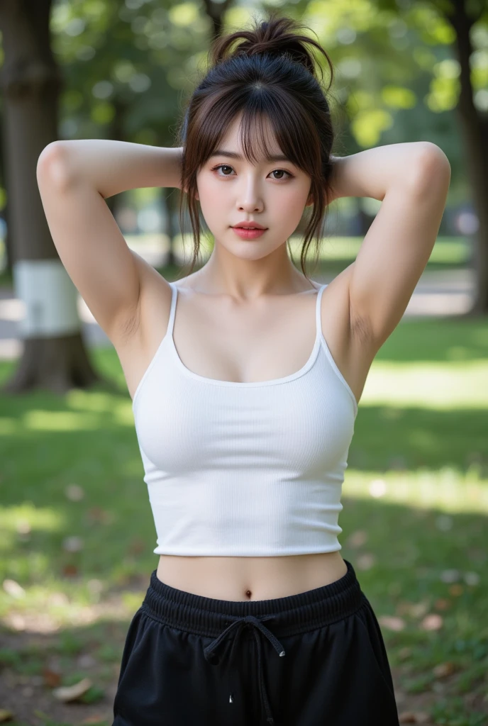 (8K, Raw photography, top-quality, masterpiece: 1.2), masterpiece, Super Detail, 超A high resolution, (Realistic and realistic photos: 1.37), high-definition RAW color photography, extremely delicate and beautiful, ighly detailed, astonishing, detaileds, extremely detailed eye, highlydetailed skin, extremely detailed fingers, highly detailed nose, highly detail mouth, perfect anatomia,1girl in, Blurry, Blurry background, Blurred foreground, blush, Colossal tits, depth of fields, eyebrows visible through hair, hair between eye,Short hair, Solo, Huge boobs、乃木坂アイドル、韓国アイドル、23 year old、hposing Gravure Idol、1girl in、Tennis Wear、Sleeveless、pleatedskirt、Ultra mini skirt、tennis coat、tennis,