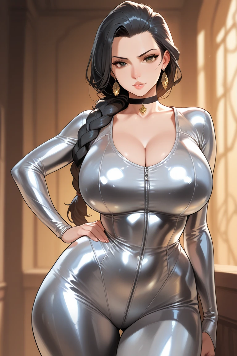 (best quality, ultra-detailed, photorealistic: 1.39), bright and vibrant colors, studio lighting, romantic expression, Beautiful girl choker with pulling chain, love smile, house, light fabric, platinum long black hair, big breasts, fit, short dress black, mercenary