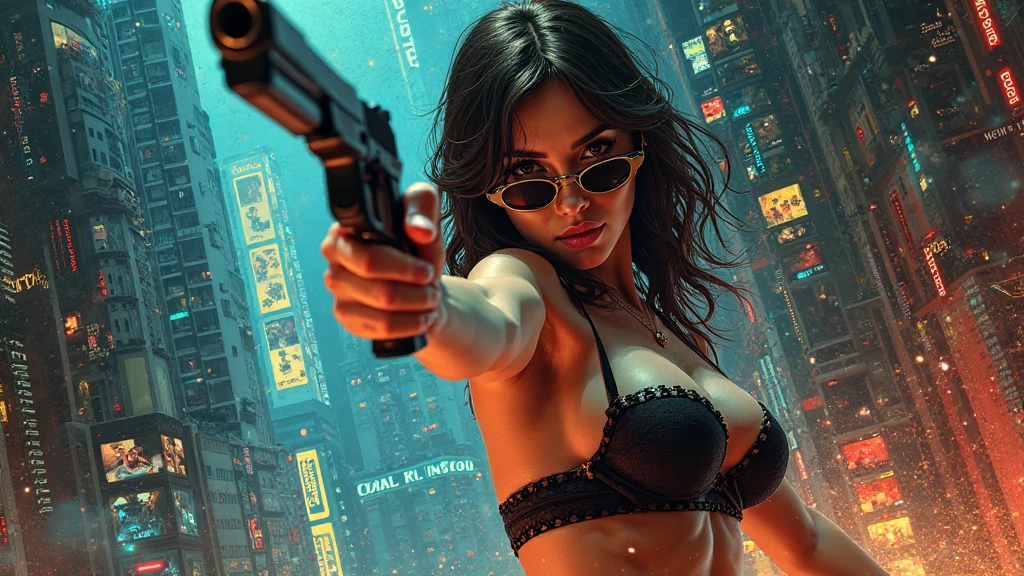 20-year old large-breast woman with cleavage:1.4, 1woman, solo, 3D neon art of a woman's body, matrix style black micro sunglasses, (((aiming with a short gun))), (looking at camera), aerial view of blade runner neon-noir city background, (((1drone above city))), perfect composition, beautiful detailed intricate insanely detailed octane render trending on artstation, 8K artistic photography, photorealistic concept art, soft natural volumetric cinematic perfect light, chiaroscuro, award-winning photograph, masterpiece, oil on canvas, Raphael, Caravaggio, Greg Rutkowski, Beeple, Beksinski, Giger