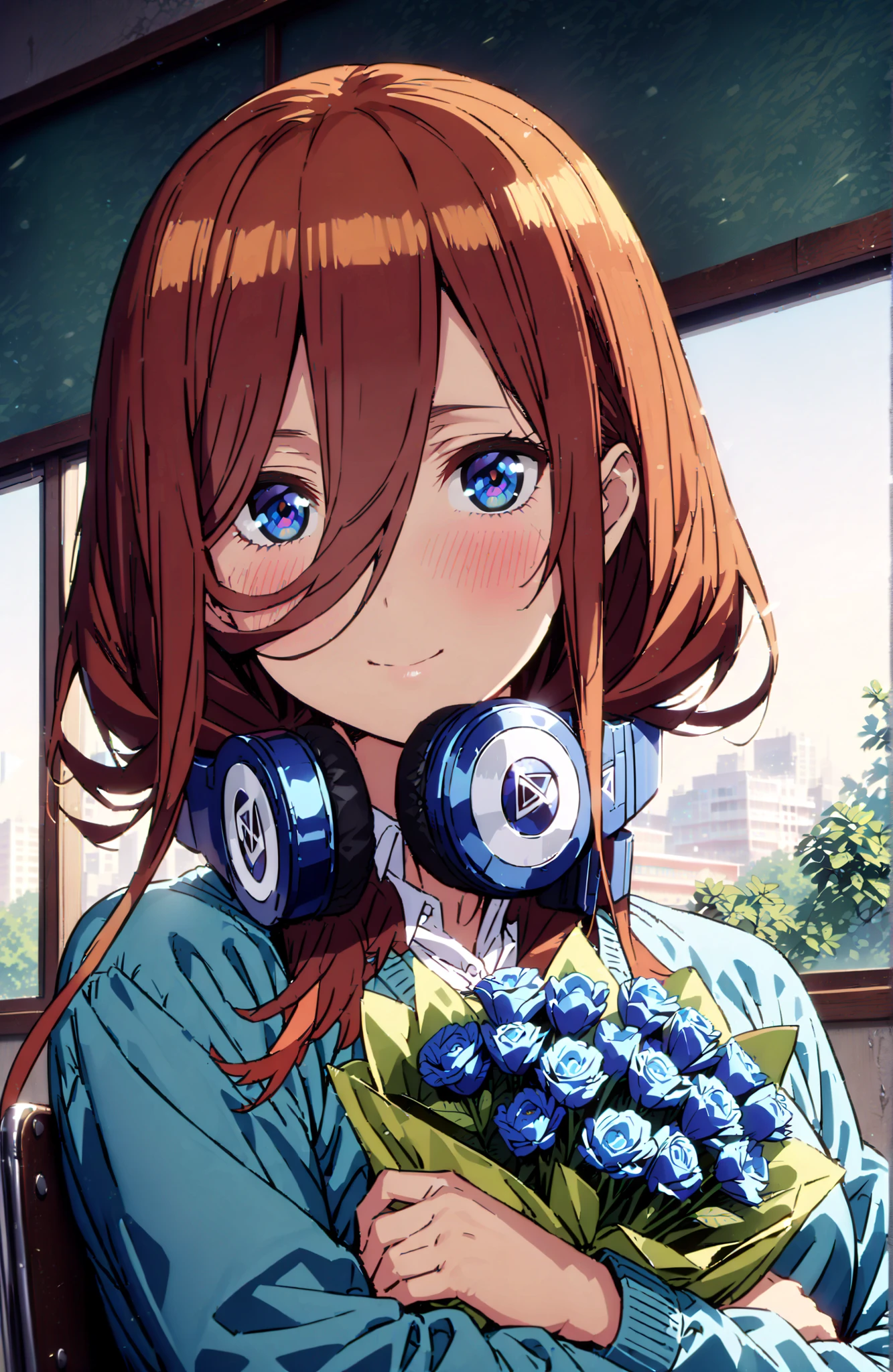 Nakano Miku, long hair,solo, bungs, blue eyes, brown hair, hair between eyes, headphones, headphones around neck,smile,blush,open your mouth,
in their 40s skirt, shirt, long sleeve, white shirt, pleated skirt, black pantyhose, Green Skirt, blue cardigan,standing,Holding a blue bouquet with both hands,curtains,window,machine,chairs, Flower blowing snow,
in their 40s indoors, Classroom,
in their 40s looking at viewer, full body,
in their 40s  (masterpiece:1.2), Highest Quality, high resolution, Unity 8k Wallpaper, (Illustrations:0.8), (beautifully detailed eyes:1.6), very detailed face, perfect lighting, very detailed CG, (perfect hand in h, perfect anatomy),