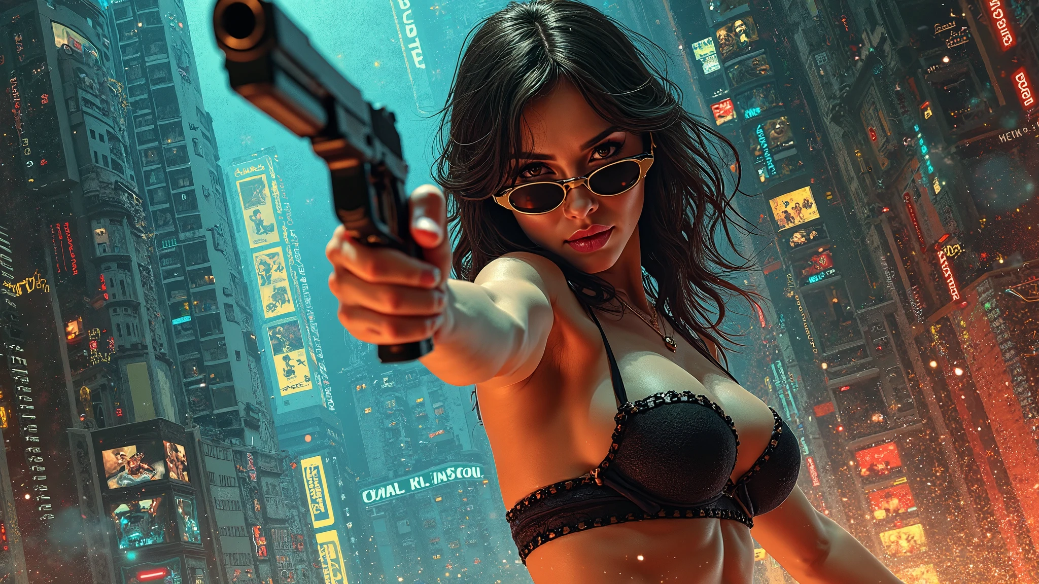 (((at night))), FPS gaming screen view, rooftop, (((high angle view))) of cyberpunk city, unreal engine 5 rendering, (((1Girl, solo))), large breasts, Chest exposed, breast cleavage, wide open ass, slim waist, dynamic seductive pose, ((​masterpiece:1.2)), top-quality, official art, detailed CG Unity 8K Wallpapers, artbook, Expressive Hues, Vibrant Palette, B deficiency and white clothes, (((matrix style black micro sunglasses))), (((((aiming with a short gun))))), (((looking at camera))), (((very low view))), (((thigh level medium shot))).
