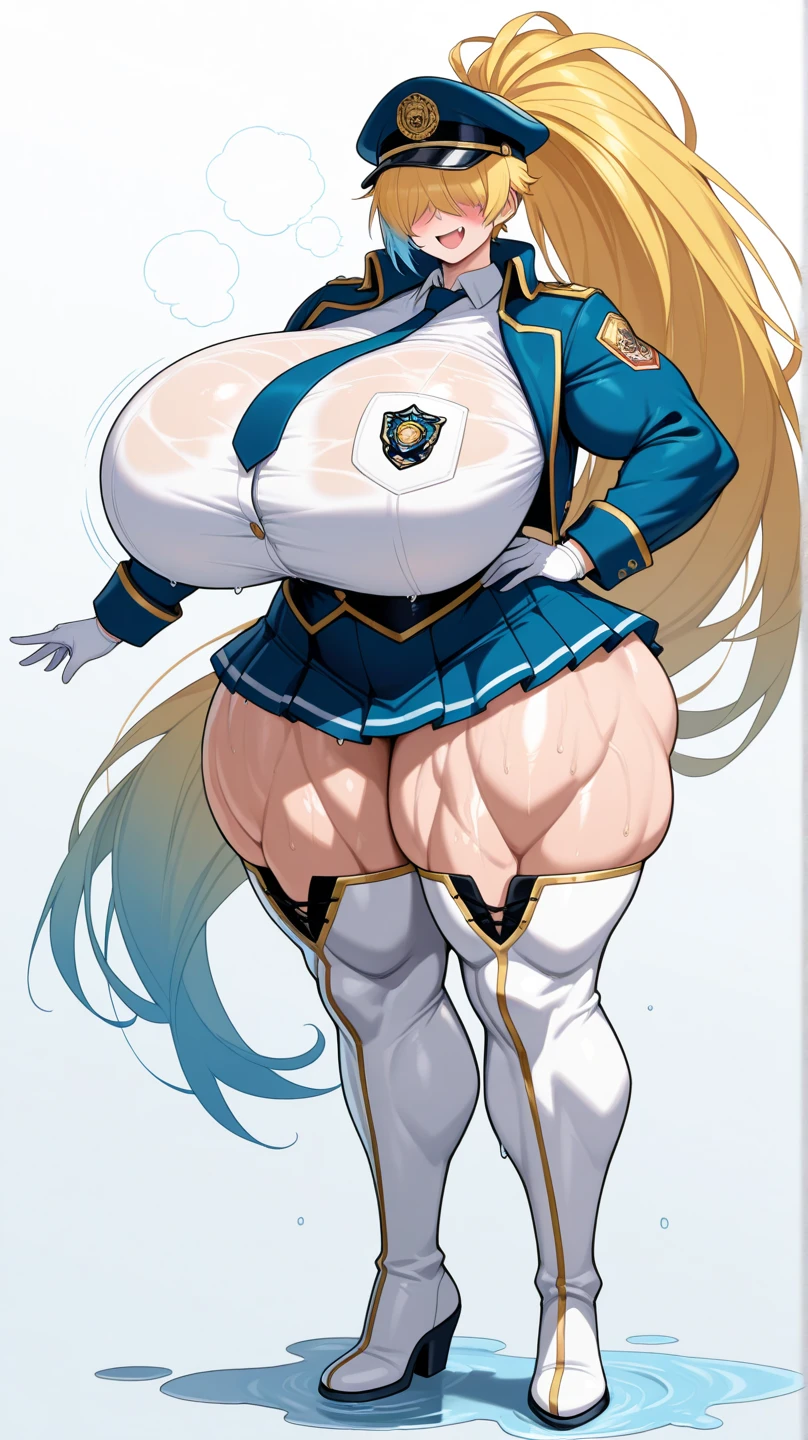 One Woman,Precise five fingers、Two long, accurate legs、Long Hair、Knee-high socks、Wide Hips、plump and thick thighs、Huge Ass、Huge breasts, Embarrassed look、Full Body Shot、Sexy pose、panties、White background、 Oily, shiny skin,woman、Lucy Heartfilia, Blonde, Long Hair, Side Ponytail, Blue Ribbon, Earrings, Thigh-high boots, Blue Shirt, Sleeveless shirt, White Skirt, Brown eyes, View your viewers, Tight waist, Curvy, Are standing, I have a golden key., View your viewers,