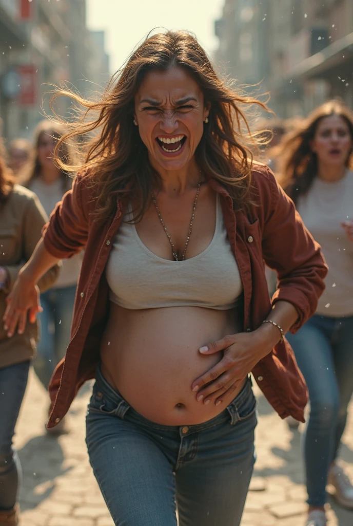 A Pregnant woman crying and yelling and holding a poster that says Me Painim Khemmy