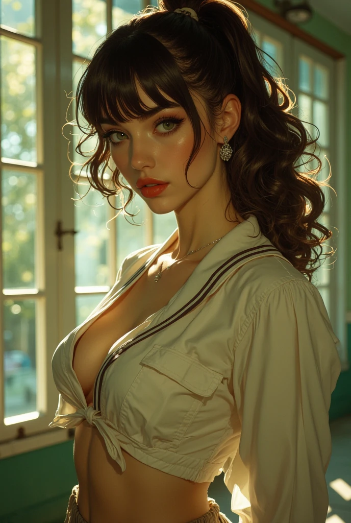 ((best quality: 1.5)) ((masterpiece: 0.8)), intricate details, sharp focus, professional, real life, realistic representation of the face, dynamic pose, in the style of realistic and hyper detailed renderings BREAK (((Muscular woman, ((body tattoos:0.4, (((lounging, groping, black skirt, white panties, men's shirt, off shoulder, leaning forward), blackout goth eyeshadow, red lipstick)))), golden hour, ((((long green curly hair)), [flat chest:medium breasts:0.8]), indoors, couch), pouting, freckles: 0.7))), photorealistic, hyper-realistic, 8K