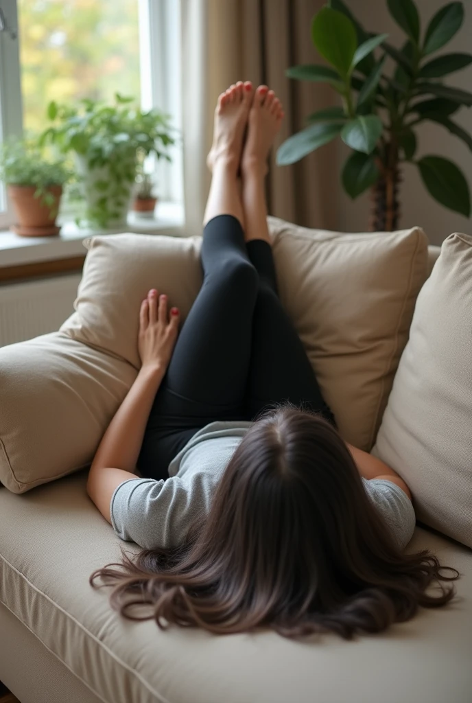 Woman with gray pants barefoot sitting on a bed watching TV