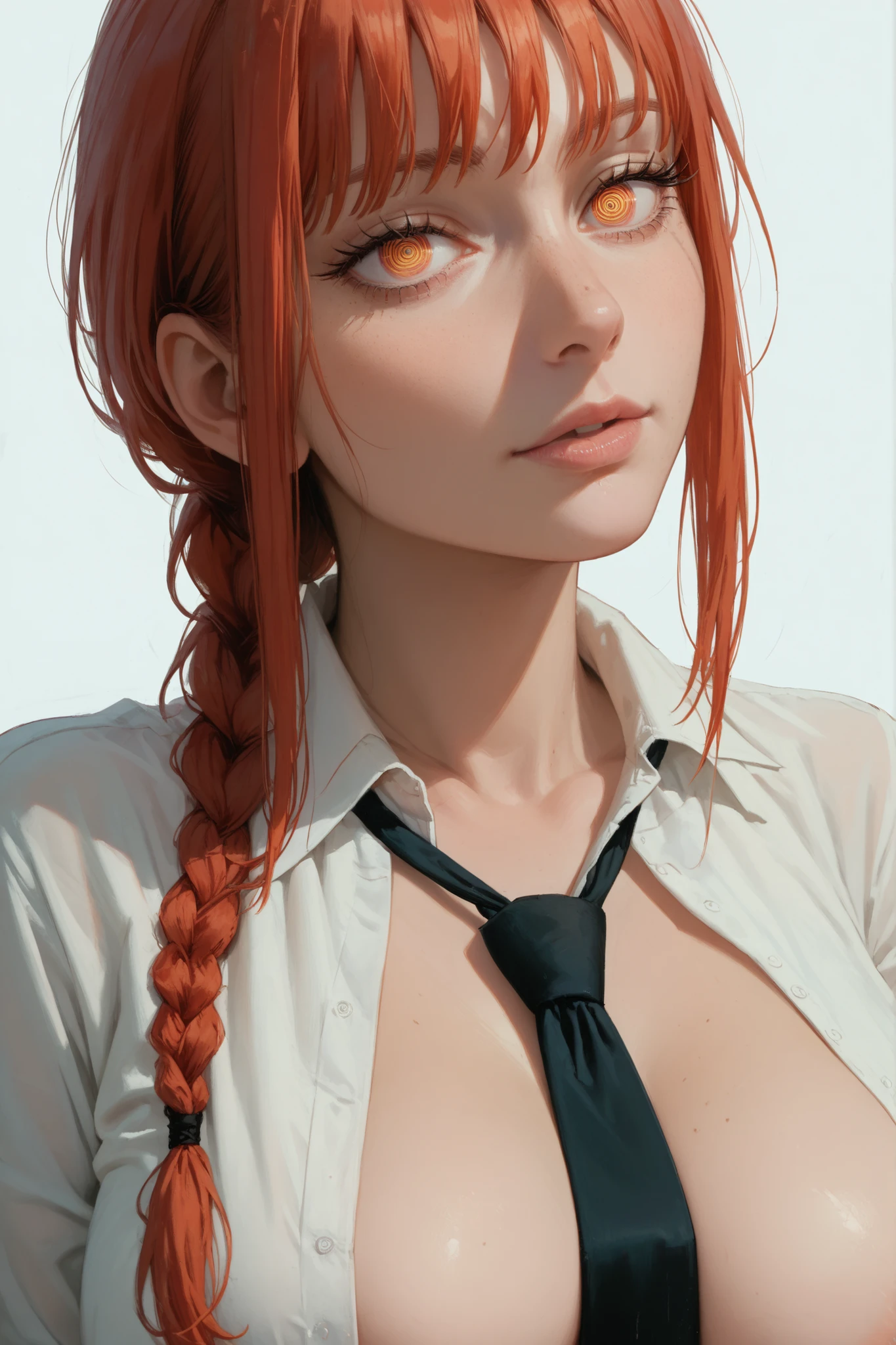 1girl, solo, makima (chainsaw man), large breasts, braid, necktie, ringed eyes, red hair, shirt, looking at viewer, black necktie, braided ponytail, white background, simple background, open shirt