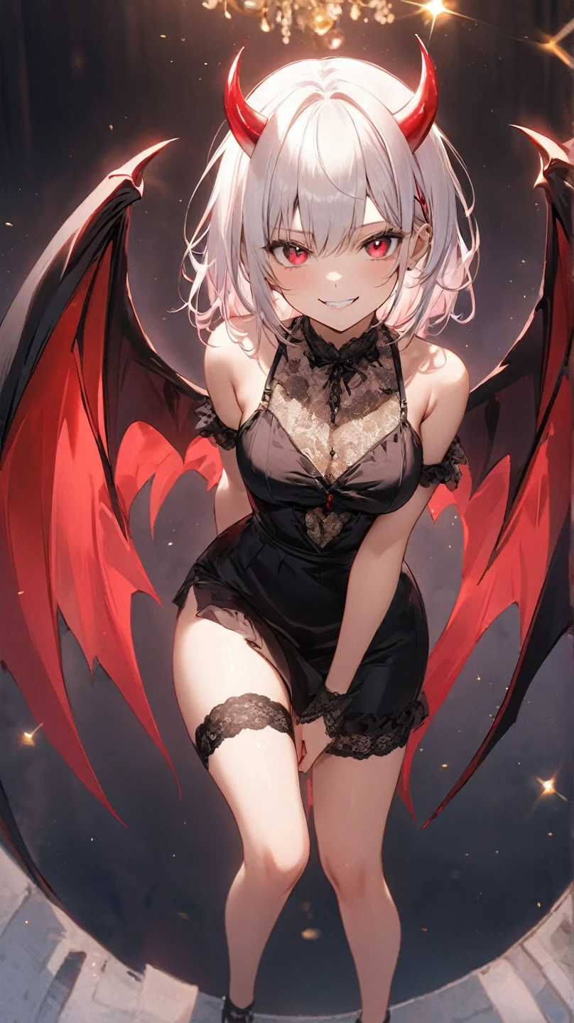 masterpiece, best quality, 1girl, solo, bangs, short hair, white hair, red eyes, smile, pointy ears, horns on the sides of her head, small wings, black pointy tail, small breasts, black choker black camisole, short frilly camisole, black skirt, short skirt, sheer thigh highs, black high heels,, , looking at viewer, cowboyshot