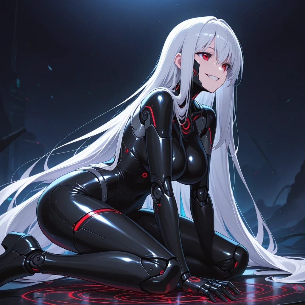 ((detailed), high_quality, master_quality, (realistic), (side), wet, 8k, masterpiece, (Tokarev), silver_hair, long_hair, red_eyes, sexy, slim_figure, (fortified_suit), bodysuit, (Cryska Barchenowa), high_heels, pistol_on_th_hip, dynamic_lightning, villain