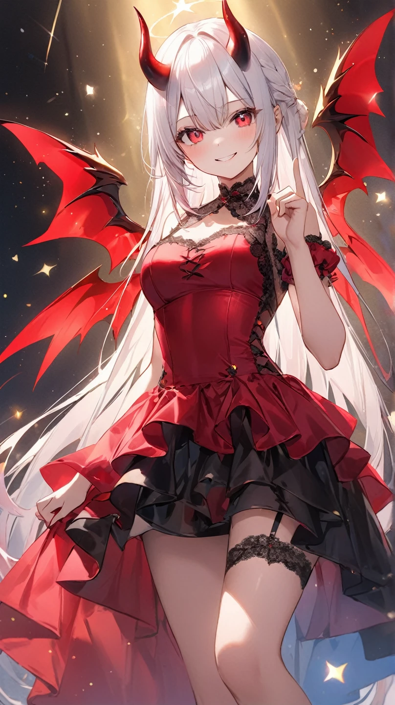 His chest was covered in blood、Anime girl with blood dripping from her chest, gapmoe Yandere grimdark, Devil anime girl, Shatia Bradfren, Bad guy anime 8k, Yandere intricate, portrait gapmoe Yandere grimdark, Vampire Girl, bloody + Concept Art, Yandere, Anime style 4k, Open mouth and bite，Blood at the corner of mouth，Small tiger teeth，Devil Wings， Gothic girl anime long skirt，Red Moon，castle
