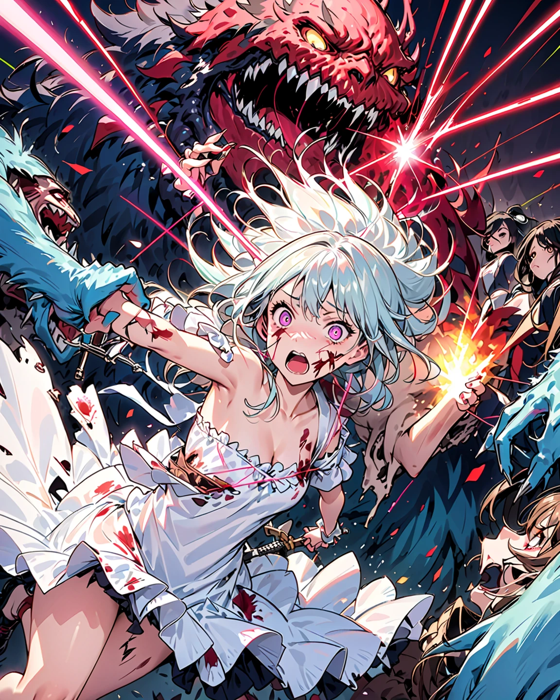 Highest quality, Super quality, 16K, Incredibly absurd, Very detailed, 2.5D, delicate and dynamic, Dark Forest, spooky night, Small faint lights and flying fireflies, night, lightning, bat, Poisonous spiders, , Small face, Extremely delicate facial expression, Delicate eye depiction, Upper body close-up, ,, sole beautiful  zombie lady, healthy shaped body, 22 years old lady, zombie, 170cm tall, big firm bouncing busts, 中国風zombie, 複雑な構造のzombieの衣装, Bloody Face, anger, fight, Thick tree branches entangle my whole body, Flame throwing from the mouth, Throwing flames at trees