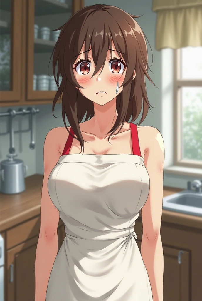 (anime screencap),(8k,masterpiece, top quality, best quality,beautiful and aesthetic:1.2,ultra detail:1.3), extremely detailed, highest detailed, incredibly absurdres, highres, ultra detailed,(cowboy shot),
blush, naked apron,
isumi waifu, 1girl, solo, bangs,red hair, hair ornament,red eyes,breasts, ,collarbone,pink scrunchie, (hair scrunchie),<lora:Izumi Nogami:0.8>