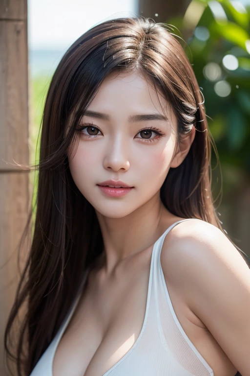 Model shoot style、(非常に詳細なCGユニティ8K壁紙)、in forest、portrait of a beautiful woman、Flowing hair、photorealistic photos、Trending on ArtStation、Trending at CGSociety、Complex、highly accurate、Sharply Focused、Dramatic and photorealistic photos、Canon EOS Mark IV、f8、matte、{An extremely delicate and beautiful girl}、8cg 壁紙、master masterpiece、neat figure、full breasts、Beautiful body、View photographer、Pink sexy bikini、Soft long hair、big Eyes、beautiful eyes finely detailed、Double Eyelid、Sorrisos、Hair shines、Front angle