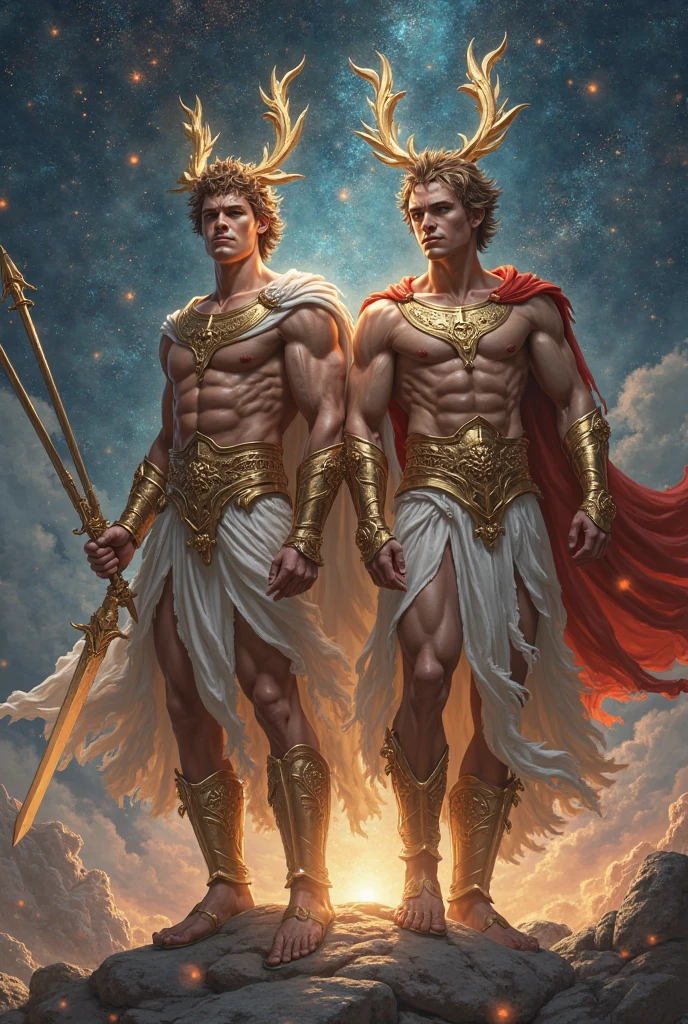 (photorealistic, masterpiece, detailed face, best quality, highres, 4k), Fantasy art style, astrological sign Gemini depicted through captivating male twin models with dualistic auras. Their sexy opposing appearances and skimpy clothing complement their two distinct personas, showcasing their versatility and charm.