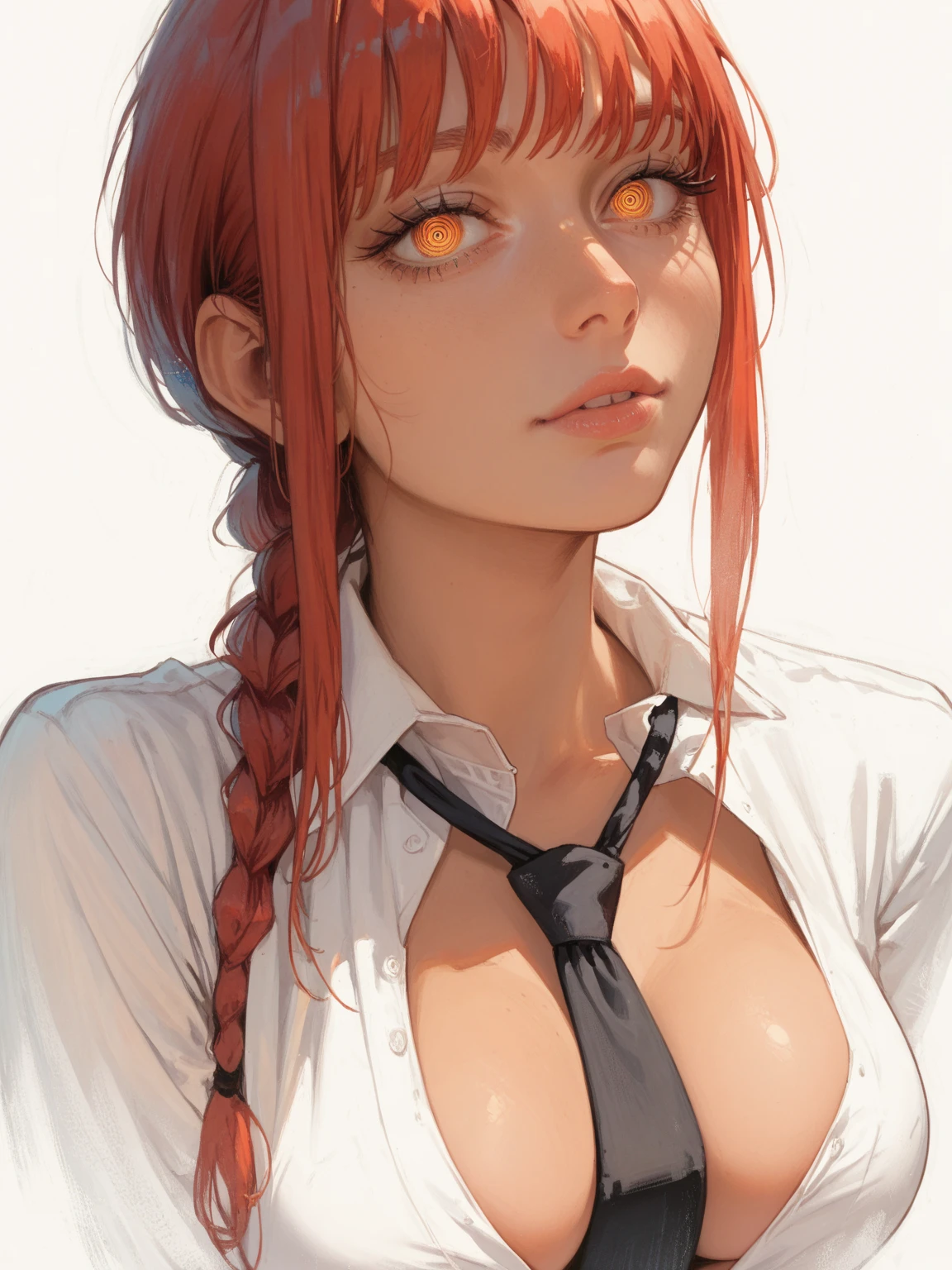 tmasterpiece，（真实感：1.1），best qualtiy，Large breasts（cleavage:1.3)，beautiful light up，（Ulzzang-6500：0.5），makima \（chainsawman\），（red hair）+（long braid）+（By bangs），Yellow eyes，Golden eyes, ((eye socket)), (white  shirt), (tiese), RAW photos, 8K  UHD, filmgrain，Light，Half-body close-up，both hands on hip