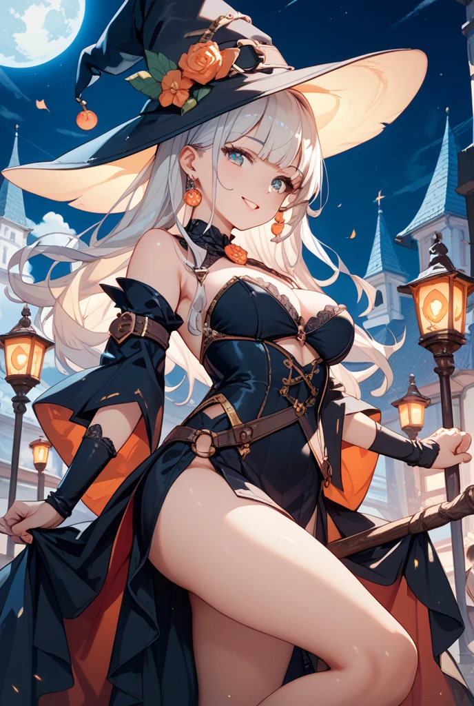 ((masutepiece)), ((Best quality)), (Ultra-detailed), ((kawaii)), cute, (lovly), ((Sexy)), (Ero), ((Extremely detailed)), 4K, (8K), Best quality, (Beautiful), Illustration, Anime style, Painting, Dynamic Angle, Full body, look down from above, gradients, full body focus, forest, evening, Cute little girl s, 1girl in, Solo, (Witch), Beautiful white hair, beautiful silver eyes, ((Beautiful eyes)), White-skinned, Short hair, big chest out, Triumphant look, smug look, self-satisfied look, blush, sparkling effect, Lens Flare, shiny-glistening, gleaming,
