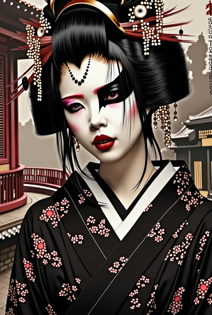 Ink Painting, (((1 girl))), (((Tattoo on face))), (((sunglasses))),(((skull mask))), (((Japanese sword))), Japanese style headphones, beautiful girl, Black Hair, Delicate and precise, Modern ukiyo-e style, background color Darkness