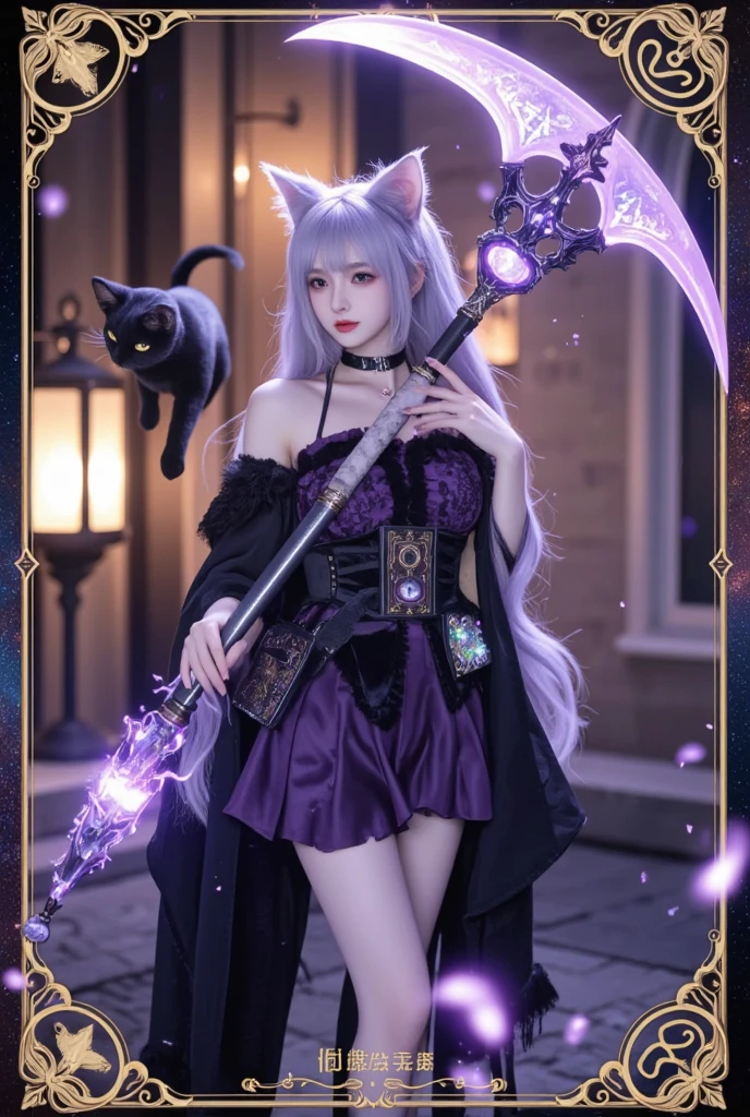 (8K, top-quality, masterpiece:1,2), (reallistic, Photorealsitic:1.37), Super Detail, One girl,), (Highly detailed), (beautifully detailed eyes), (of the highest quality), (super detailed ), (masterpiece), (Detailed face),20yr old, ,1 girl, ((pink hair,long hair)), medium breasts, clothed, Perfect Lighting, BREAK, (long flowing purple hooded cape:1.5), (starry silver embroidery on cape:1.4), (tight shiny black bodysuit:1.4), (moon embroidery on chest:1.2), (tight black high-waisted skirt with slit:1.3), (black thigh-high socks:1.2), (black chunky boots:1.3), (magic symbols as metal decorations:1.2), (belt with moon buckle:1.2), (moon and star earrings and necklace:1.2), (witch hat with feathers:1.3), (mystical fantasy:1.2), BRAKE, (upper body to knees in frame:1.2), (long pink hair:1.2), (mystical smile:1.2), (facing forward:1.1), (right foot forward:1.1), (left knee bent:1.1), (hands in front, casting a spell:1.1), (old stone castle:1.2), (magic library:1.2), (dramatic lighting:1.2), (highlighting body and hair:1.2)