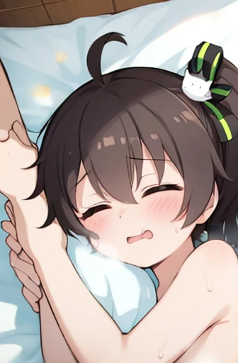 (,young girl ,short stature,gyaru)) ,flat chest,nsfw,,big head, ,black hair,twintail,rotund.,side shot.nude onsen,side look,pov handjob