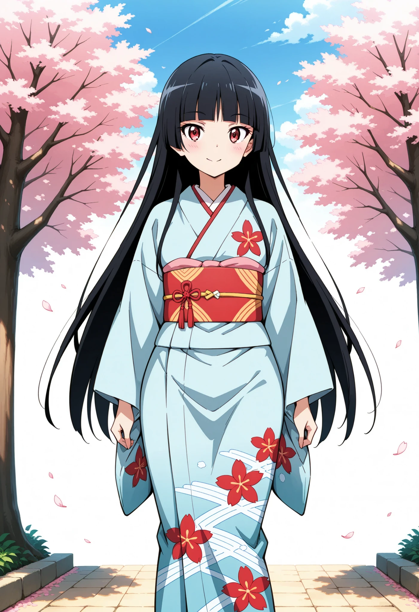 Highest Quality, details, high resolution, 8k, 超high resolution, shot from the front、(anime illustration style:1.2),Standing、1 girl on break day, solo、Rory Mercury、(perfect eye side by side),long hair, black hair, Red Eyes, bungs, blunt bungs, princess cut,  Slim waist, wide hips,  light blue kimono (Japanese kimono:1.2), (Furusose Cherry Blossom Patterns)、smile, cowboy short、Cherry blossom trees