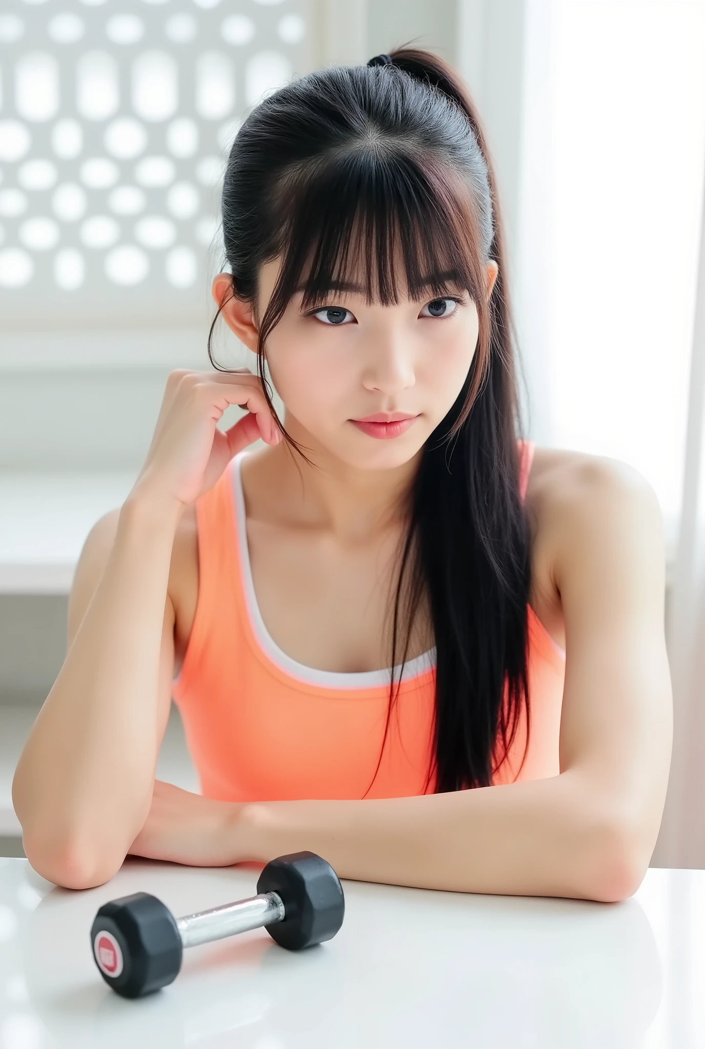 Beautiful woman、18-year-old 、Full Body Shot、Sweat、Sportswear、Arena、bangs、Turning around、Half Squat、
